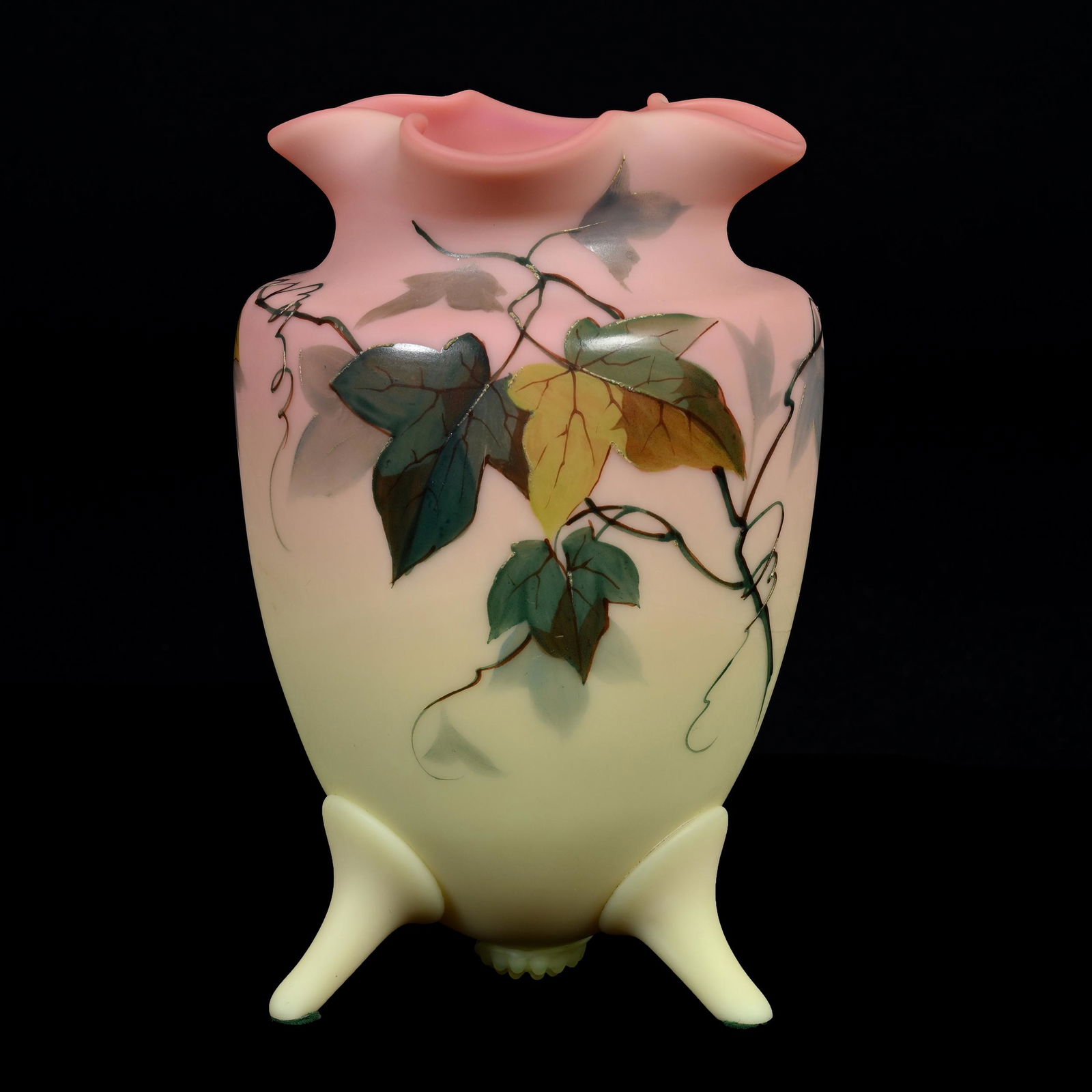 Vase, Three Feet, Marked Queens Burmese Art Glass: Vase, Three Feet, Marked Queens Burmese Art Glass, 6.75" x 4.5", By Thomas Webb & Sons, Ivy Decor, Very Nice Quality, Estate Of Dr. Barry and Dee Free.