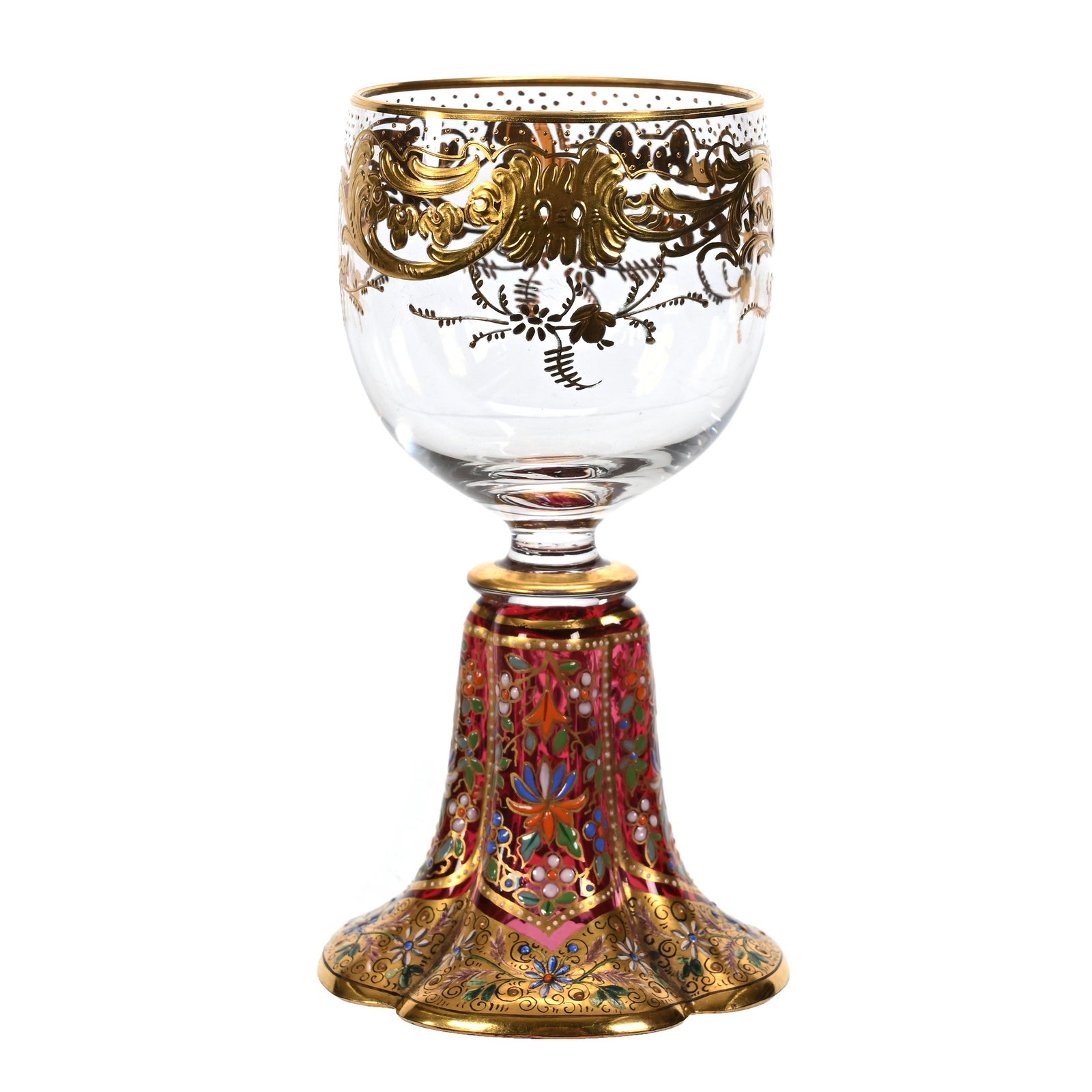 Wine Stem, Bohemian Art Glass: Wine Stem, Bohemian Art Glass, 4.75" x 2.5", Cranberry Skirted Base, Extensive Colorful Enamel Decor, Clear Bowl With Enamel Scroll Highlights, Estate Of Dr. Barry and Dee Free.