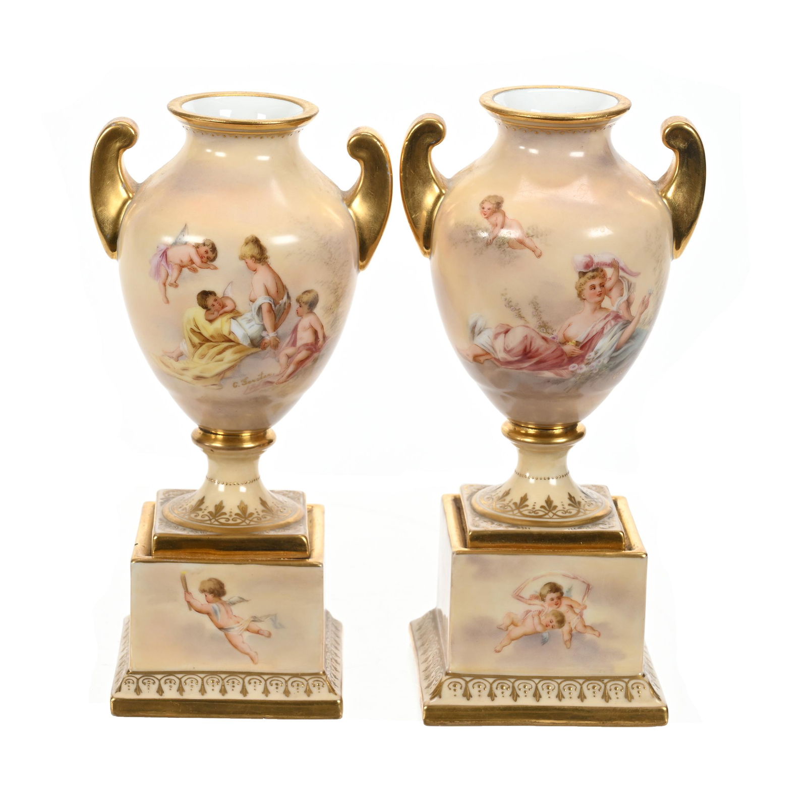 Pair Pedestal Urns Marked Beehive Austria (1 of 4)
