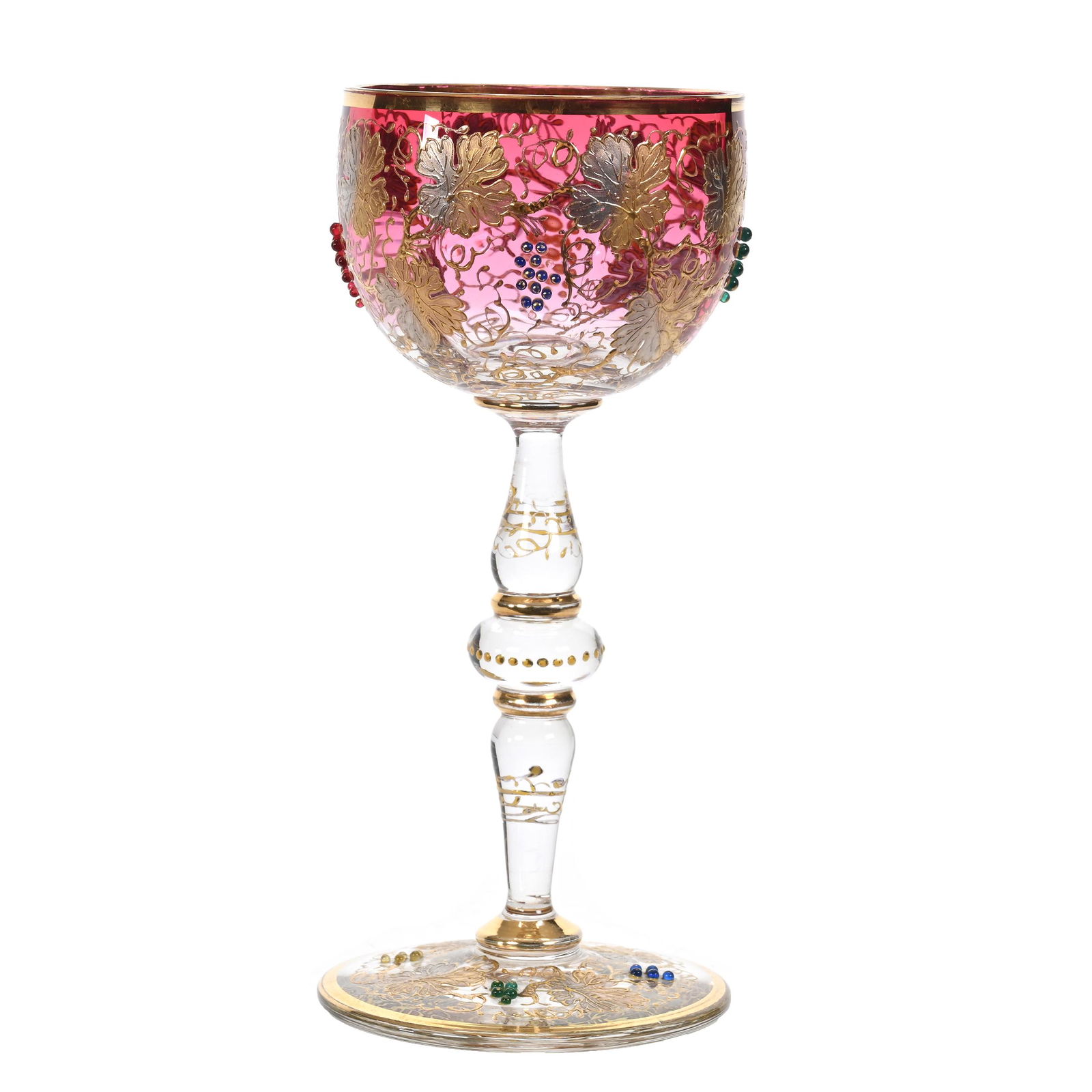 Wine Stem, Rubina Art Glass, Moser Style: Wine Stem, Rubina Art Glass, Moser Style, 7" x 3", Two Tone Gold And Silver Vintage Decor, Applied Jewel Highlights, Some Jewel Loss, Estate Of Dr. Barry and Dee Free.