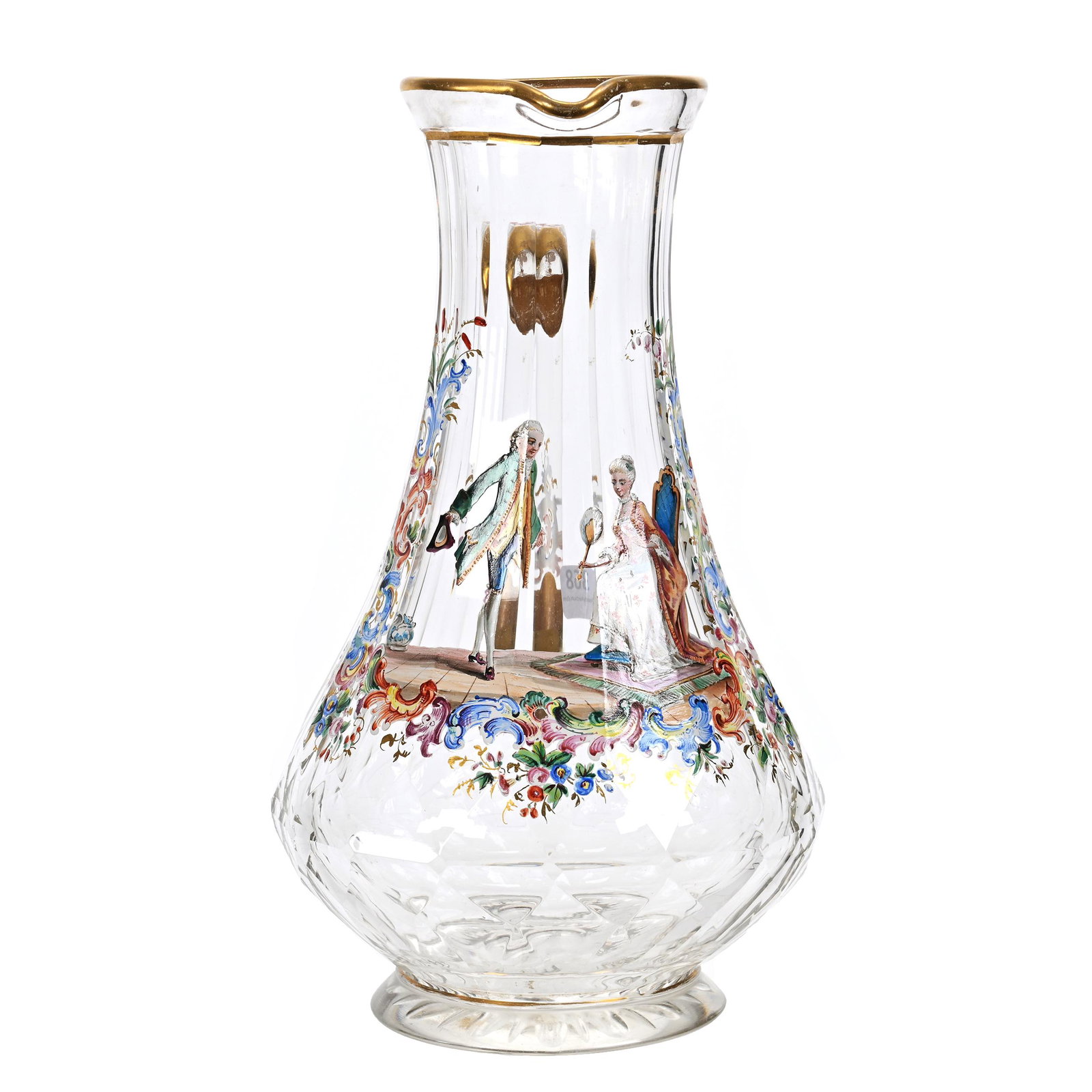 Pitcher, Clear Bohemian Art Glass: Pitcher, Clear Bohemian Art Glass, 9.5" x 5.75", Panel Cut With Colorful Enamel Courting Scene Decor With Scroll Highlights, In Style Of Lobmeyr, Estate Of Dr. Barry and Dee Free.