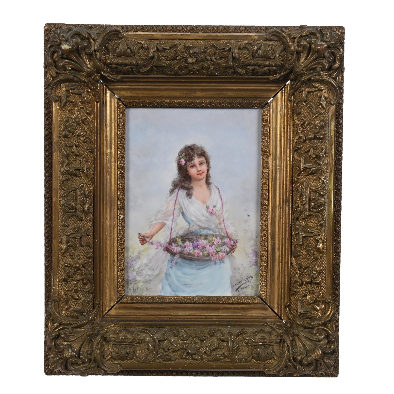 Porcelain Plaque, Likely Limoges: Porcelain Plaque, Likely Limoges, 9" x 6.5", Scene Of Young Woman Holding Basket Of Flowers, Artist Signed, Mounted In 15.25" x 13" Gilt Wooden Frame, Some Frame Damage, Estate Of Dr. Barry and Dee Fr