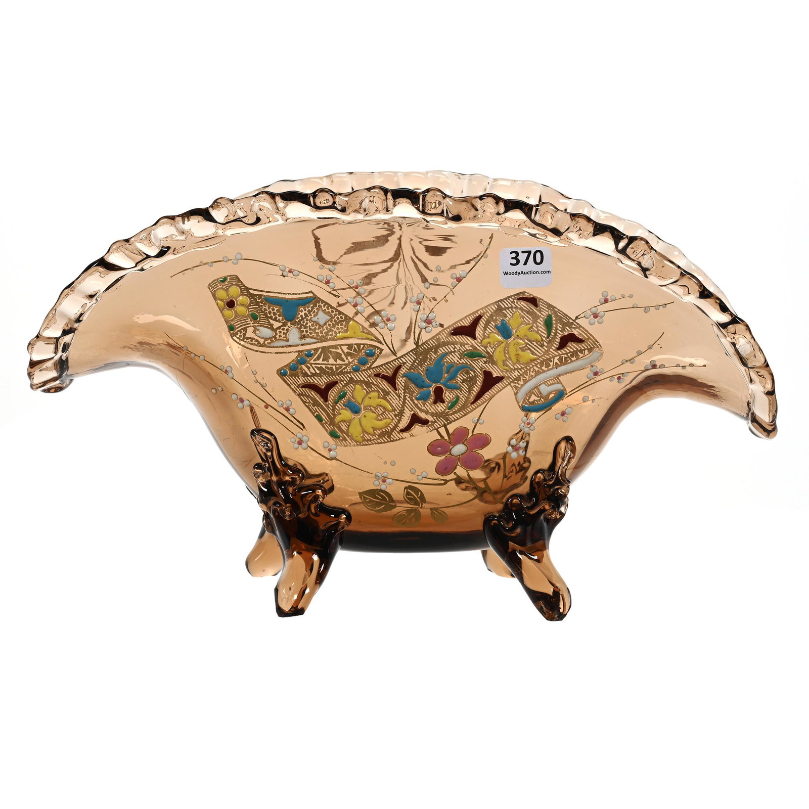 Fan Vase, Amber Bohemian Art Glass: Fan Vase, Amber Bohemian Art Glass, 7.5" x 13.25" x 4.75", Colorful Enamel Banner And Blossom Decor, Applied Ruffled Rim And Feet, Polished Pontil Base, Estate Of Dr. Barry and Dee Free. UPDATED 3-22-