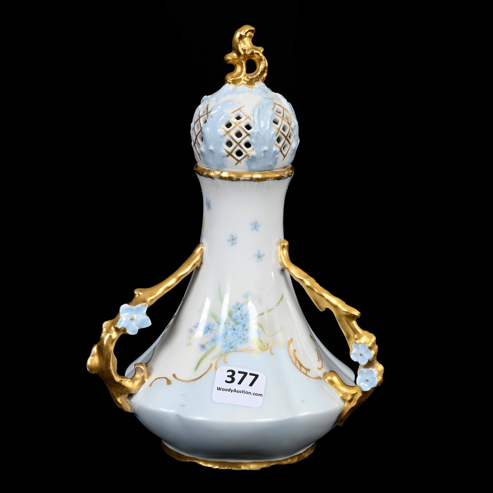 Perfume Lamp, Unmarked Limoges: Perfume Lamp, Unmarked Limoges, 7.75" x 5.25", Blue And White, Blue Floral Decor, Heavy Gold Trim Highlights, Reticulated Rim, Removable Wick Insert, Estate Of Dr. Barry and Dee Free.