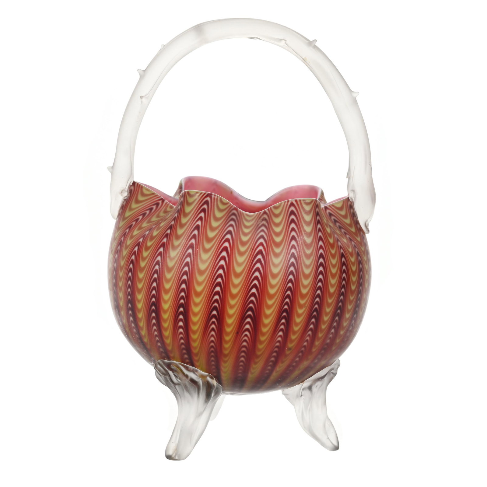 Basket, Pull-Up Satin Glass By Stevens & Williams: Basket, Pull-Up Satin Glass By Stevens & Williams, 10.5" x 6.5", Designed By John Northwood, Yellow, Burgundy And White Exterior, Pink Interior, Frosted Applied Feet And Thorn Handle, Estate Of Dr. Ba