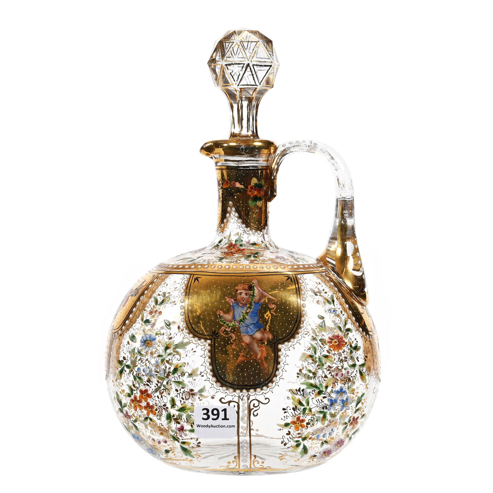 Decanter, Clear Bohemian Art Glass: Decanter, Clear Bohemian Art Glass, 8.25" x 5.75", Heavy Gold And Colorful Floral Decor With Cherub Scenic Highlights, Estate Of Dr. Barry and Dee Free.