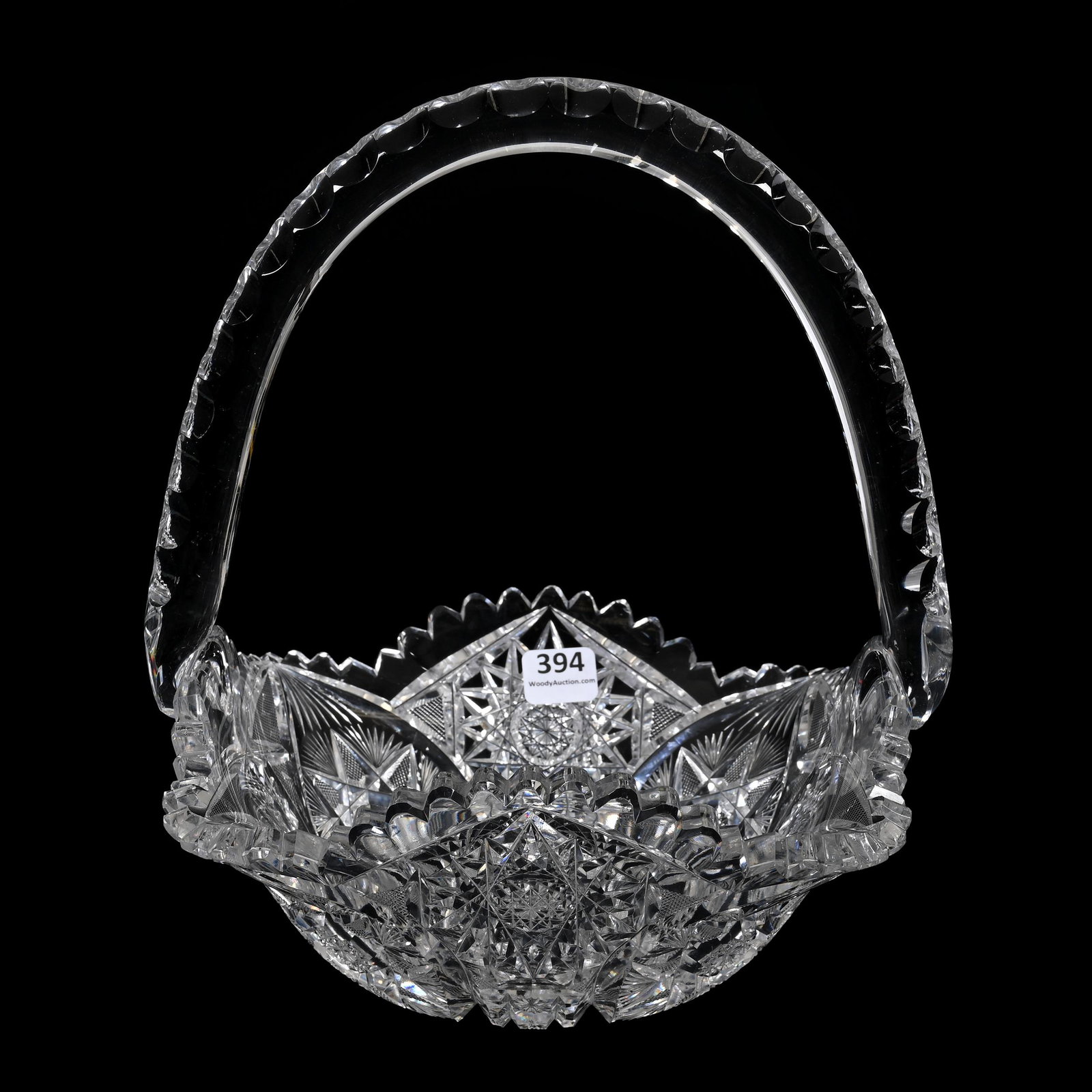 Square Basket, American Brilliant Cut Glass: Square Basket, American Brilliant Cut Glass, 10" x 8.75" x 8.5", Four Sections Of Hobstar, Vesica, Flashed Hobstar, Strawberry Diamond, Star And Fan Motif, Double Notched Handle, Estate Of Dr. Barry a