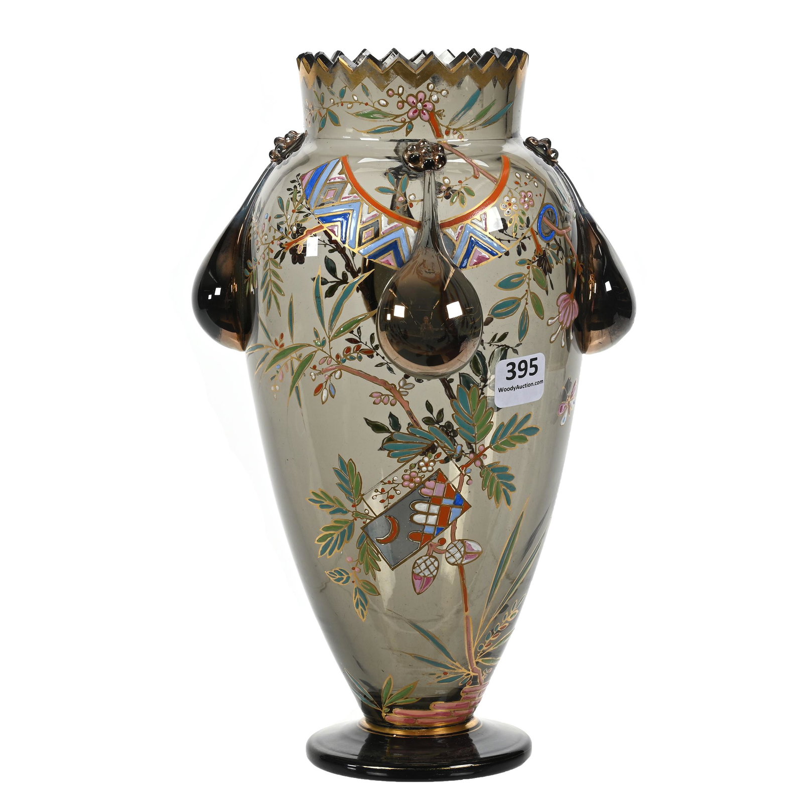 Pedestal Vase, Smoke Color Bohemian Art Glass: Pedestal Vase, Smoke Color Bohemian Art Glass, 10.25" x 6", Colorful Enamel Banner, Branch And Blossom Decor, Applied Four Iridized "Drips", Estate Of Dr. Barry and Dee Free.