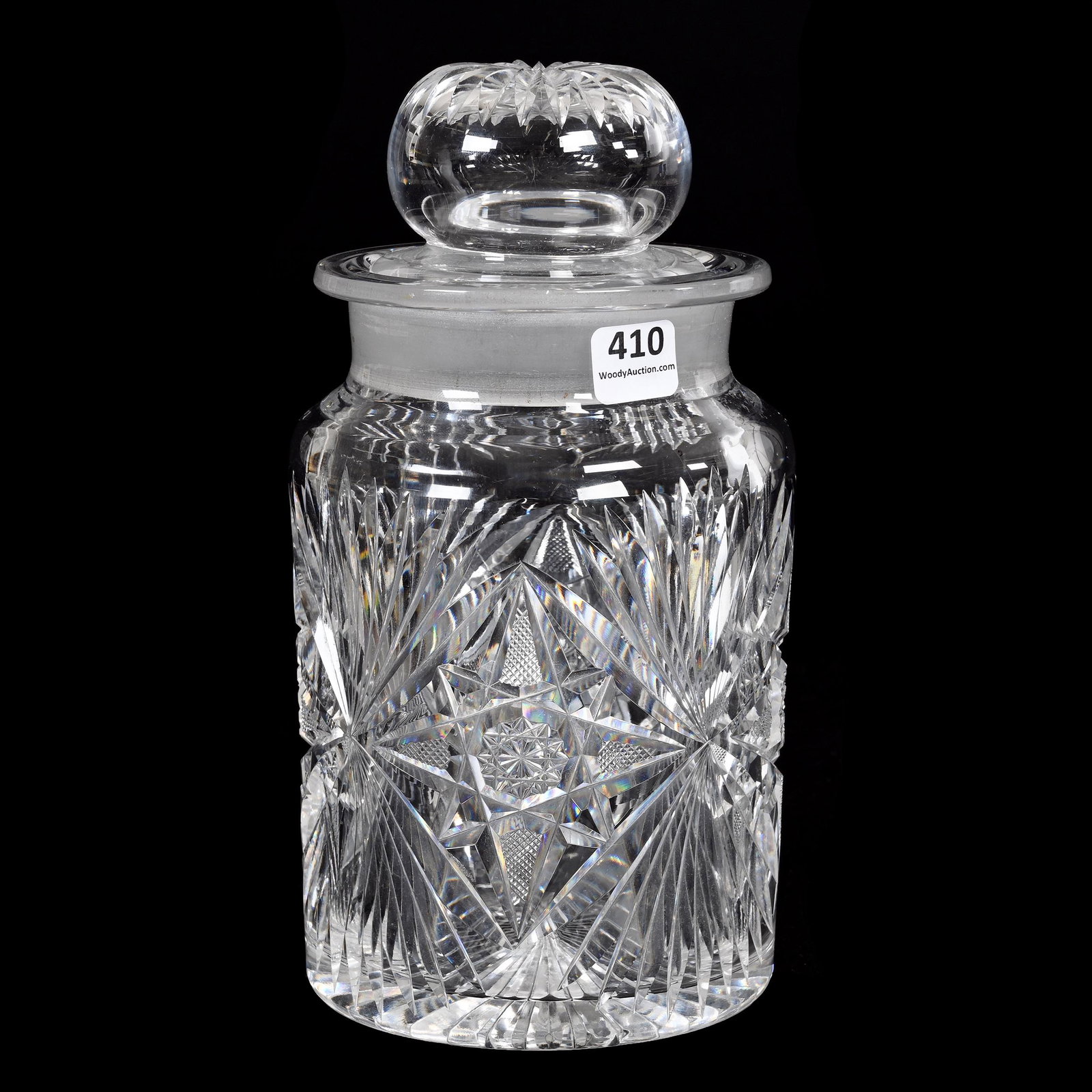 Humidor, American Brilliant Cut Glass: Humidor, American Brilliant Cut Glass, 8.75" x 4.75", Four Point Hobstar With Fan Highlights, Ray Cut Lid And Base, Clear Blank, Estate Of Dr. Barry and Dee Free.