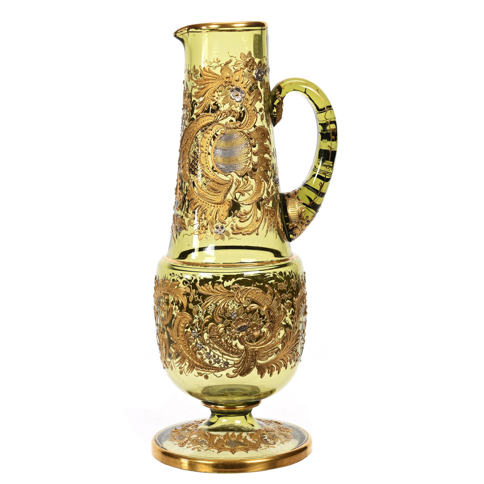 Pedestal Pitcher, Green Bohemian Art Glass: Pedestal Pitcher, Green Bohemian Art Glass, 12.5" x 5", Heavy Gold And Silver Enamel Decor, Scroll And Floral Highlights, Estate Of Dr. Barry and Dee Free.