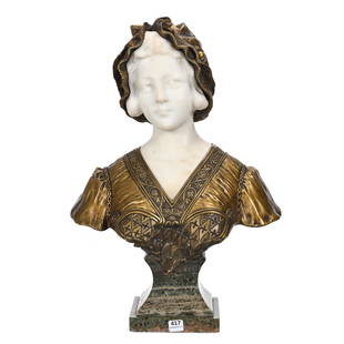 Bronze & Marble Bust Marked A. Gory: Bronze & Marble Bust Marked A. Gory, 18.5" x 13.5", White Carved Marble With Bronze Bonnet And Bodice, Green Square Marble Base, Total Weight Of Thirty-Two Pounds, Affortunato Gory Was A French-Italia