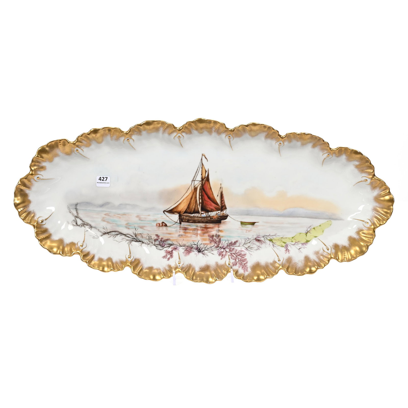 Fish Platter Marked Limoges: Fish Platter Marked Limoges, 24" x 10.5", Scenic Decor Of Sailboat, Scalloped Border With Heavy Gold Trim, Estate Of Dr. Barry and Dee Free.