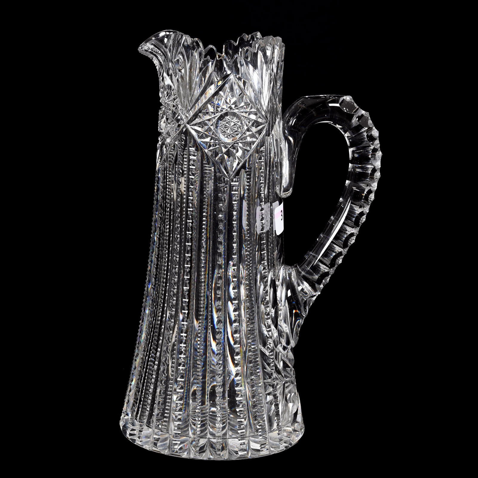 Pitcher, American Brilliant Cut Glass: Pitcher, American Brilliant Cut Glass, 10" x 6.25", Hobstar, Prism And Fan Motif, Triple Notched Handle, Ray Cut Base, Estate Of Dr. Barry and Dee Free.