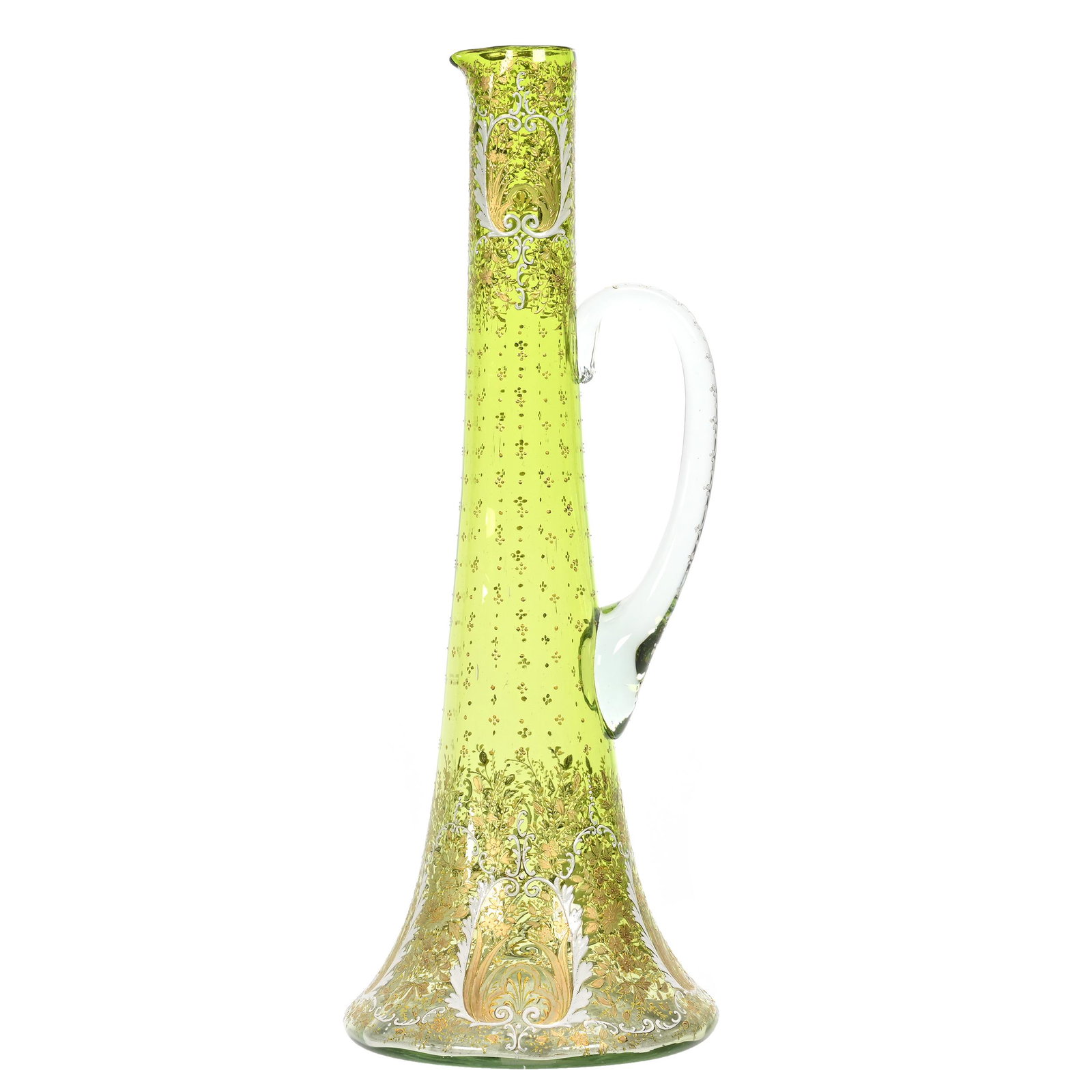 Tall Ewer, Green Shading To Clear Bohemian Art Glass: Tall Ewer, Green Shading To Clear Bohemian Art Glass, 17.75" x 6.5", Extensive Gold And White Floral & Scroll Handle, Clear Applied Handle, Polished Pontil Base, Estate Of Dr. Barry and Dee Free.