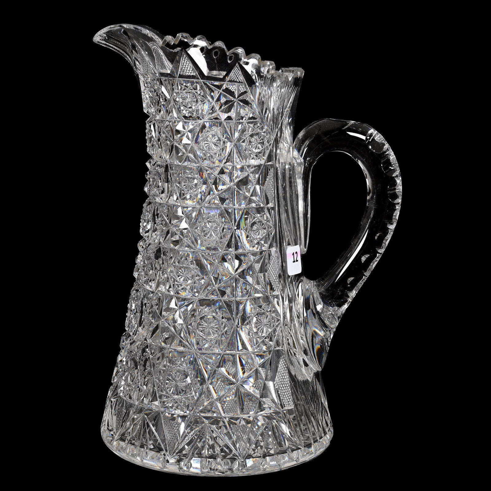 Pitcher, American Brilliant Cut Glass: Pitcher, American Brilliant Cut Glass, 10.5" x 7.75", Complete Hobstar Cluster Design, Strawberry Diamond And Fan Highlights, Hobstar Base, Nice Quality, Estate Of Dr. Barry and Dee Free.