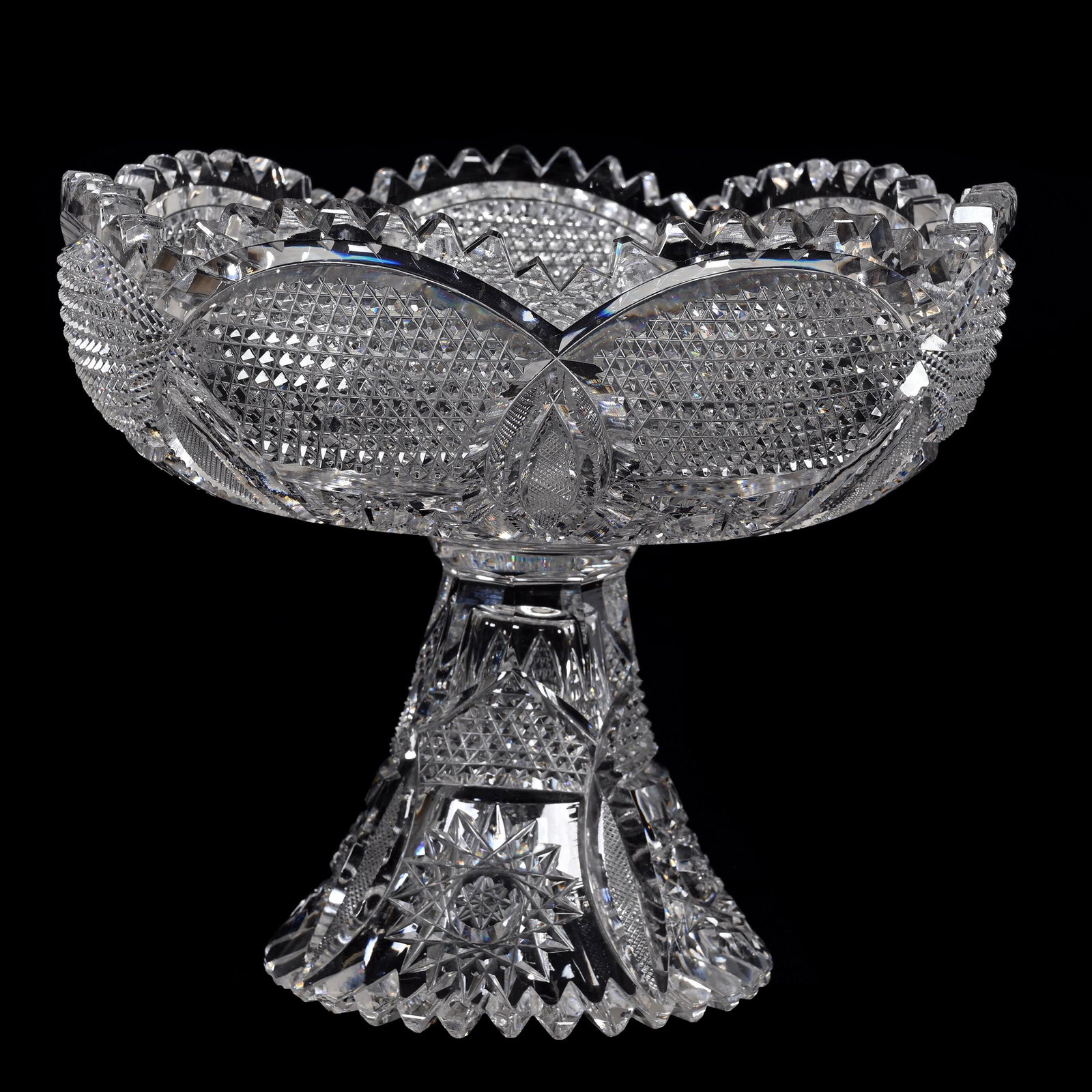 Compote, American Brilliant Cut Glass: Compote, American Brilliant Cut Glass, 7" x 8", Hobstar, Vesica, Strawberry Diamond, Nailhead Diamond And Prism Motif, Pattern Cut Petticoat Base, Extra Heavy Blank, Estate Of Dr. Barry and Dee Free.