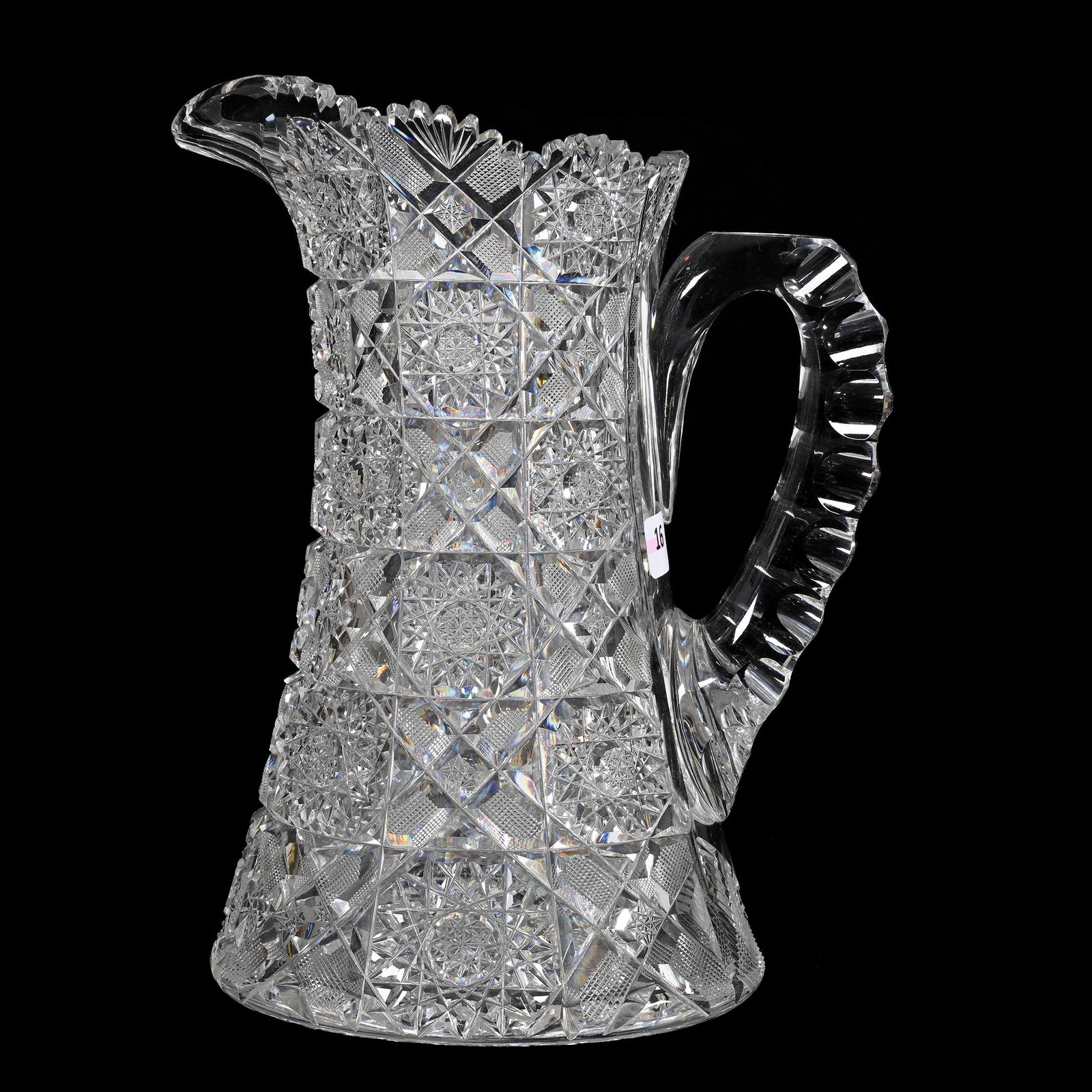 Water Pitcher, American Brilliant Cut Glass, Arcadia Pattern By Sterling: Water Pitcher, American Brilliant Cut Glass, Arcadia Pattern By Sterling, 10.5" x 8.25", Large Hobstar Base, Bullseye Cut Handle, Estate Of Dr. Barry and Dee Free.