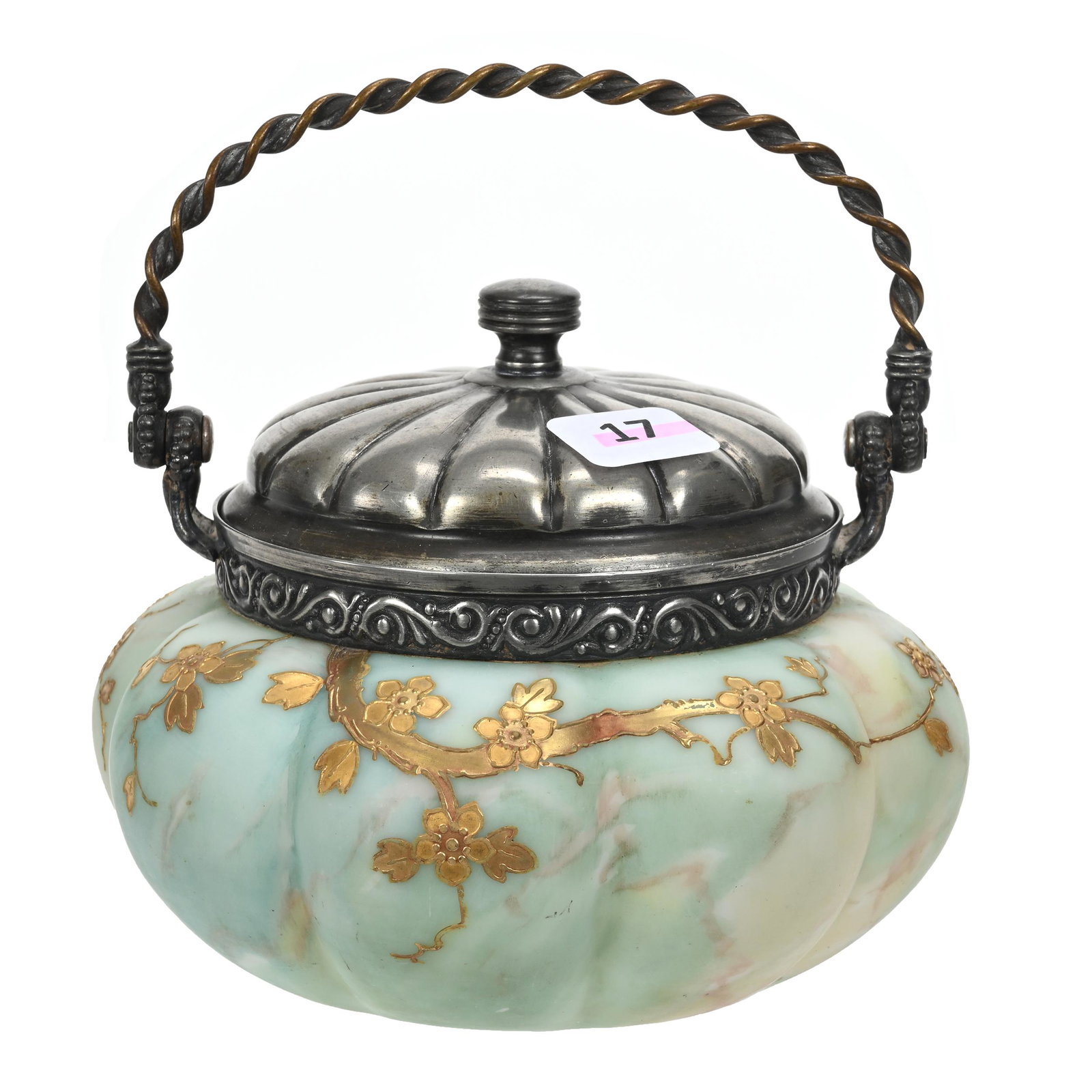 Sweetmeat Marked Smith Brothers Art Glass: Sweetmeat Marked Smith Brothers Art Glass, 4.25" x 5.5", Blue, Cream And Green Mottled Ground With Gold Enamel Branch And Blossom Decor, Melon Ribbed, Silverplate Lid And Bail, Estate Of Dr. Barry and