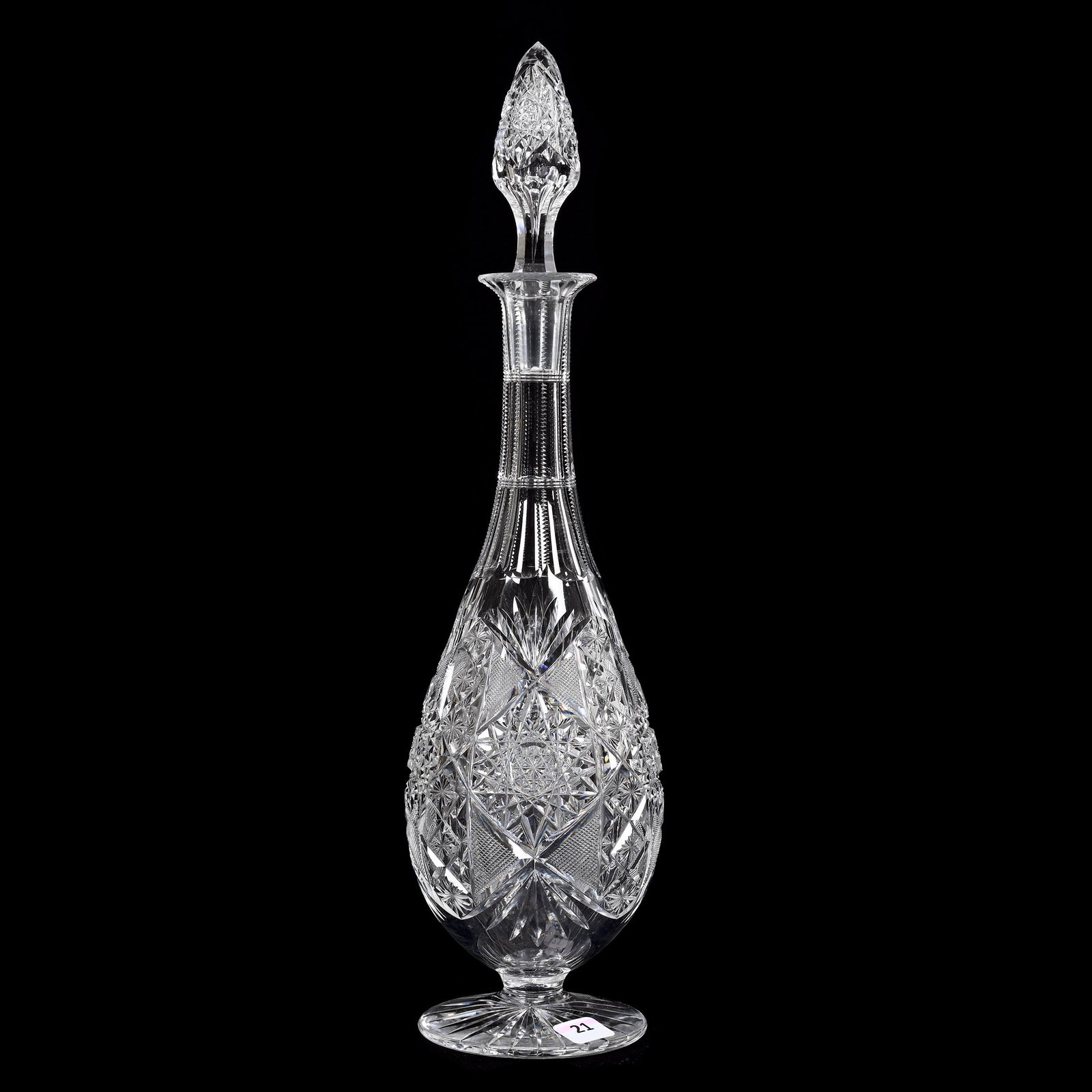 Pedestal Decanter, American Brilliant Cut Glass: Pedestal Decanter, American Brilliant Cut Glass, 16.25" x 4", Hobstar, Strawberry Diamond, Star And Fan Motif, Pattern Cut Stopper, Ray Cut Foot, Estate Of Dr. Barry and Dee Free.