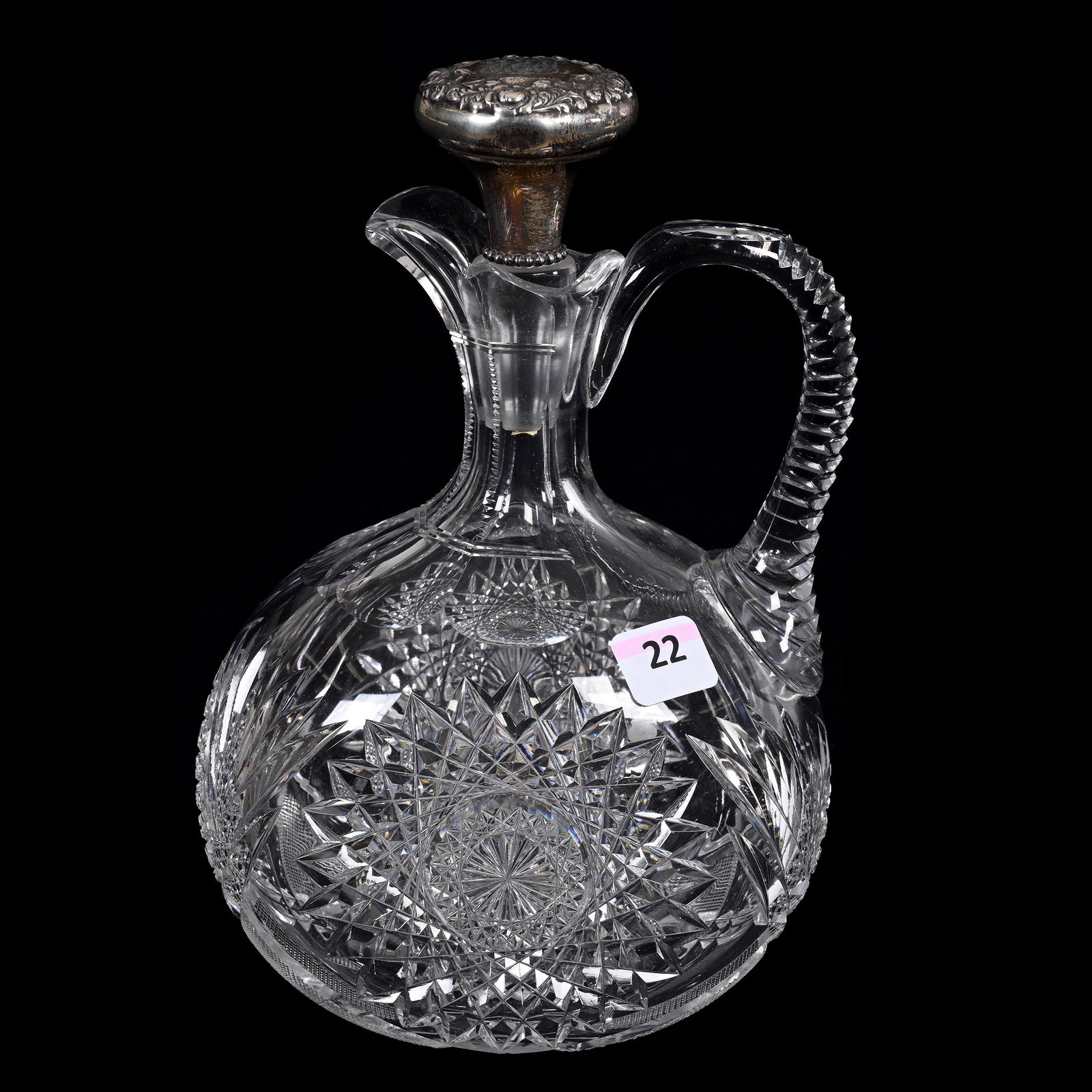 Decanter, American Brilliant Cut Glass: Decanter, American Brilliant Cut Glass, 8.75" x 5.75", Hobstar, Strawberry Diamond, Nailhead Diamond And Fan Motif, Embossed Sterling Silver Stopper, Notched Handle, Hobstar Base, Estate Of Dr. Barry 