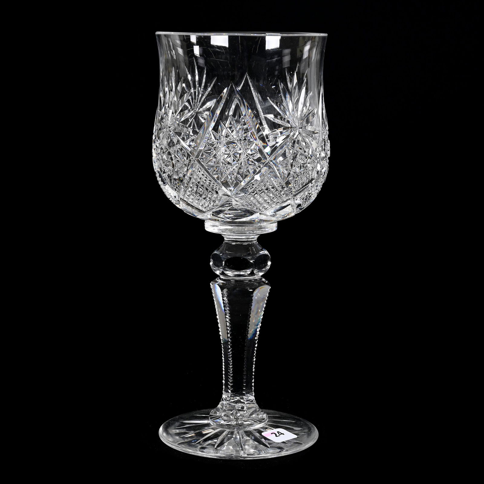 Chalice, BPCG: Chalice, Brilliant Period Cut Glass, 11.25" x 4.75", Hobstar, Diamond And Fan Motif, Ray Cut Foot, Attributed To Val St. Lambert, Professional Rim Repair, Estate Of Dr. Barry and Dee Free.