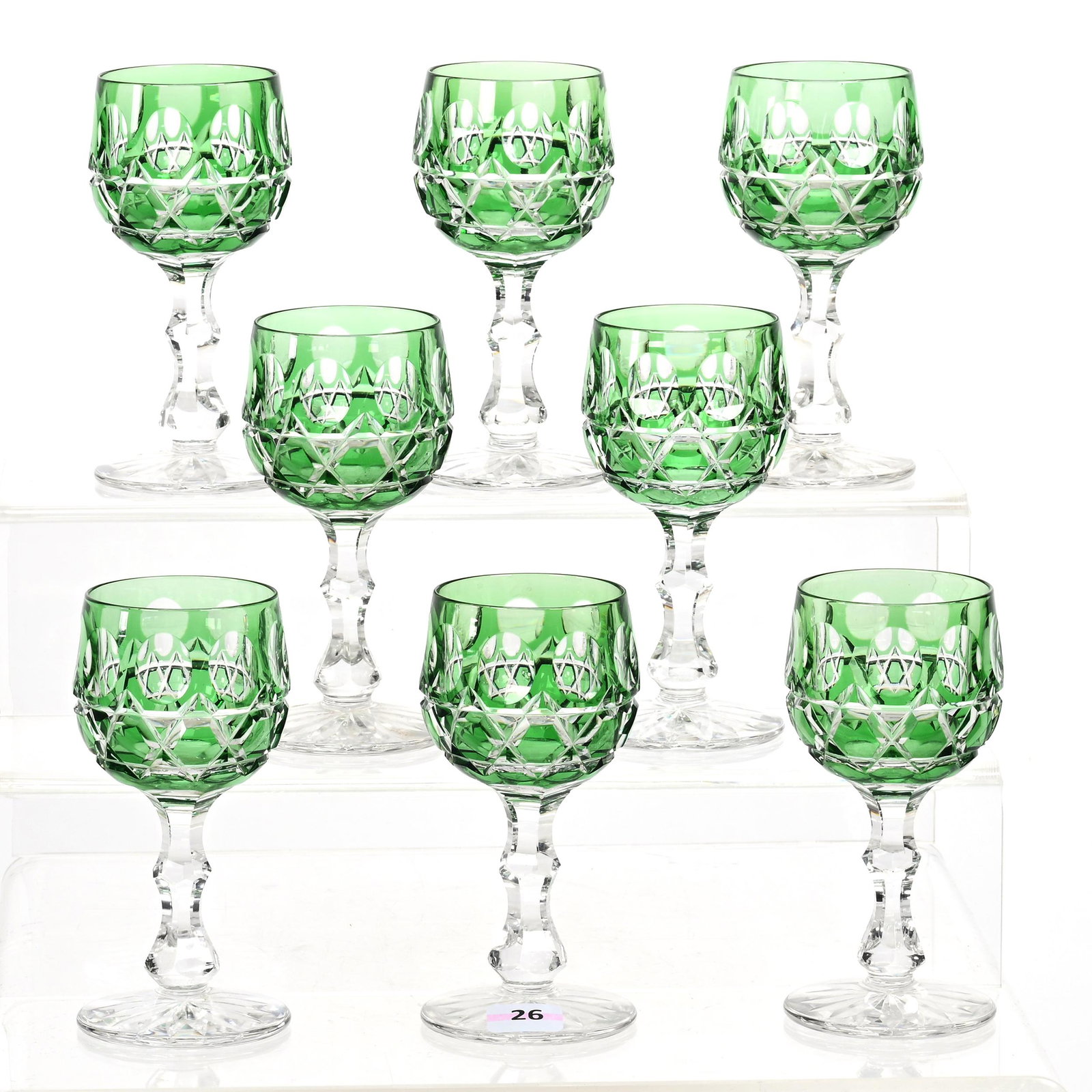 (8) Wine Stems, BPCG, Green Cut To Clear: (8) Wine Stems, Brilliant Period Cut Glass, Green Cut To Clear, 5.25" x 2.5", Button And Bullseye Motif, Ray Cut Foot, Estate Of Dr. Barry and Dee Free.