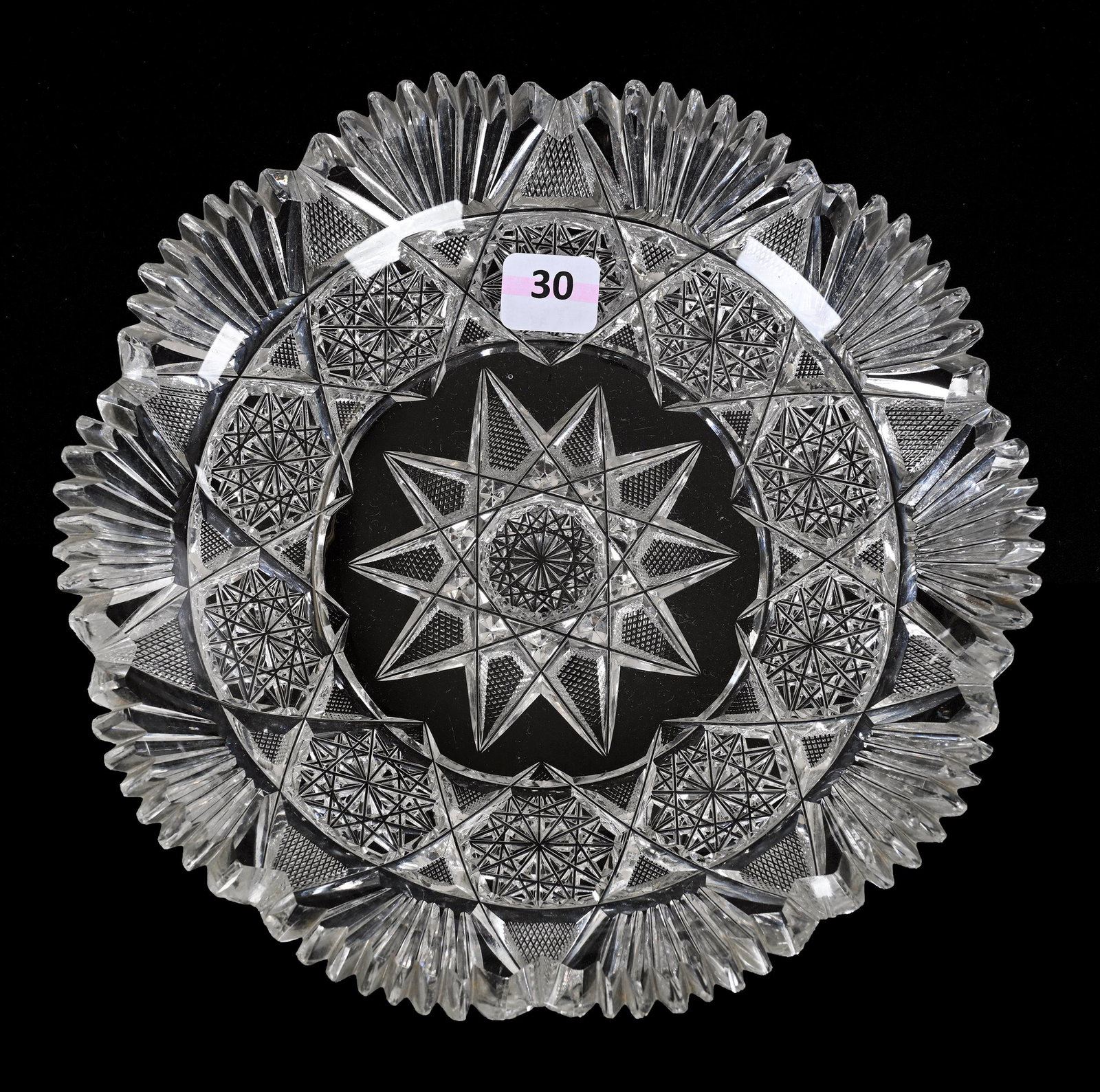 Bowl, American Brilliant Cut Glass: Bowl, American Brilliant Cut Glass, 1.75" x 8", Hobstar Center, Hobstar Chain And Fan Border, Tooth Chips, Estate Of Dr. Barry and Dee Free.