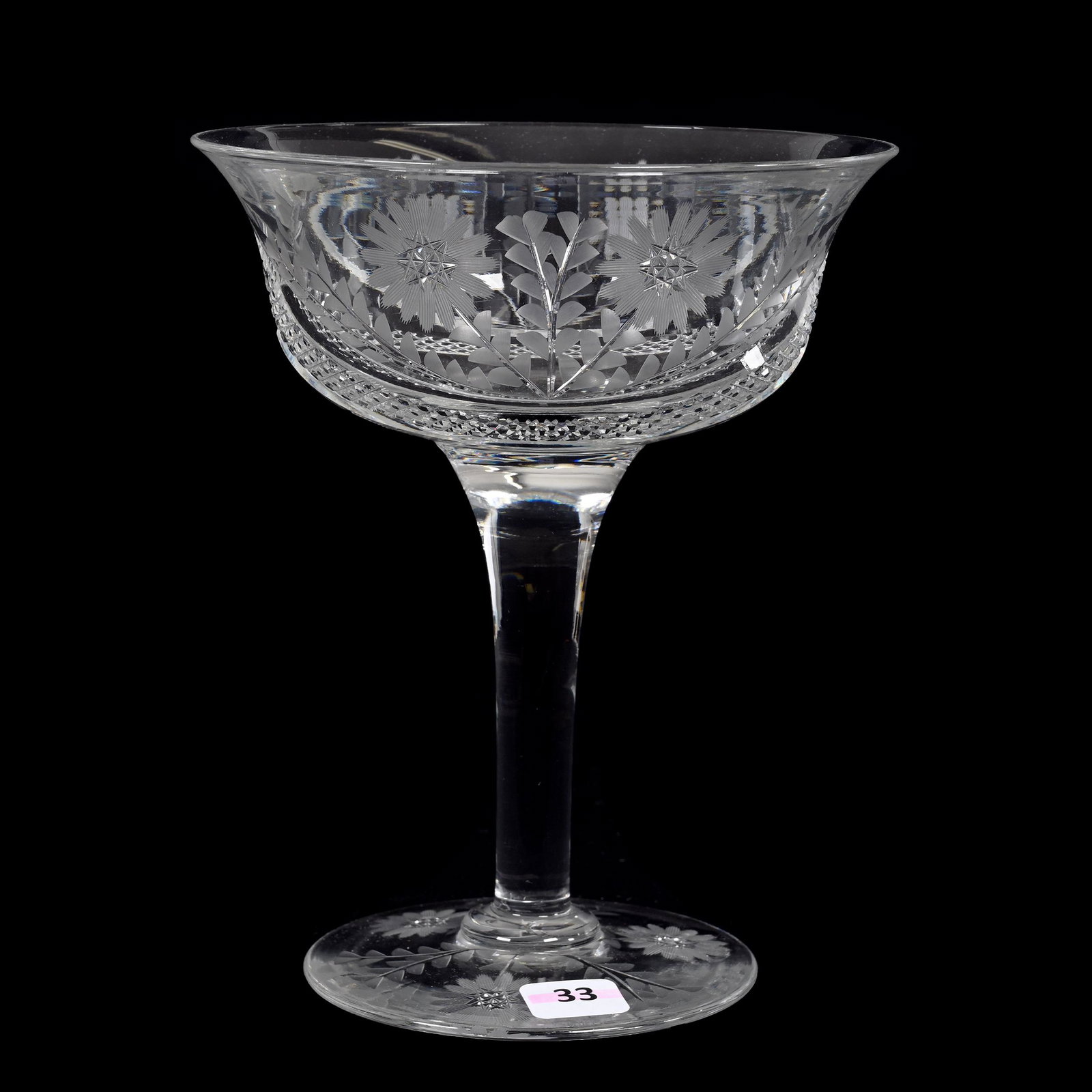 Compote, American Brilliant Cut Glass: Compote, American Brilliant Cut Glass, 7.5" x 6", Engraved Floral And Butterfly, Nailhead Diamond Highlights, Solid Stem, Pattern Engraved Foot, Estate Of Dr. Barry and Dee Free.