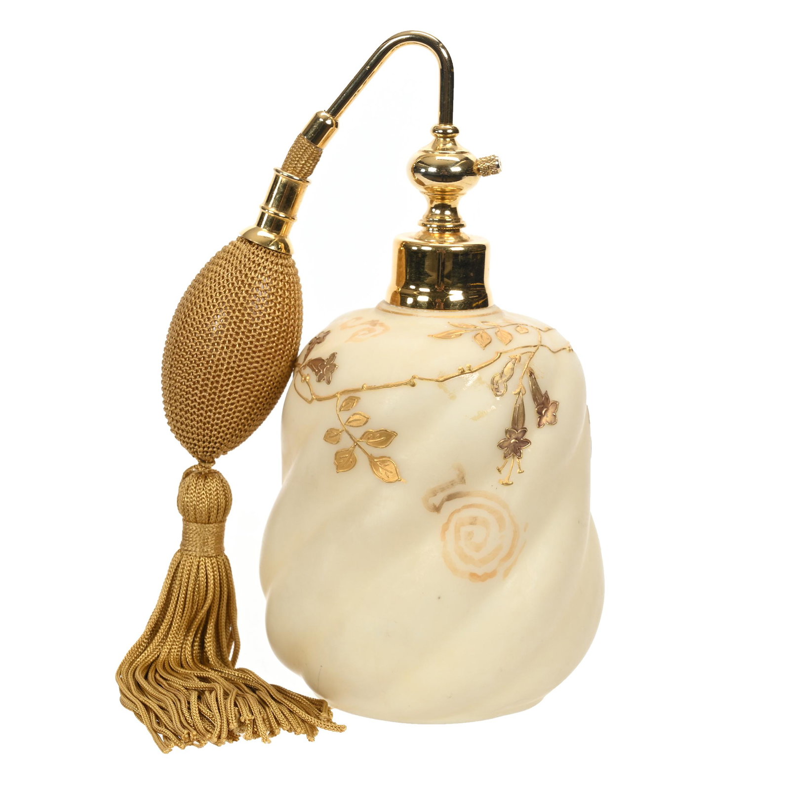Atomizer, Unmarked Mt. Washington Art Glass: Atomizer, Unmarked Mt. Washington Art Glass, 6.75" x 3.5", Swirl Mold, Cream Tones, Gold Enamel Branch And Blossom Decor, Estate Of Dr. Barry and Dee Free.