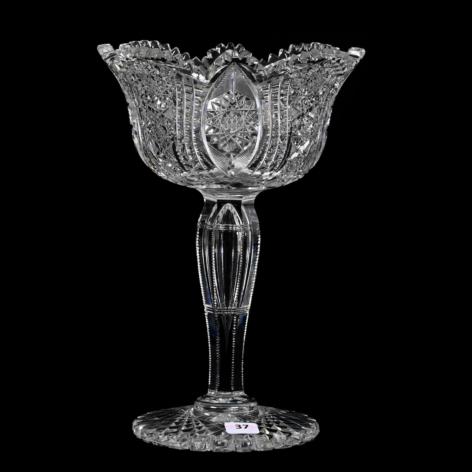 Compote, American Brilliant Cut Glass: Compote, American Brilliant Cut Glass, 10.5" x 7.25", Hobstar, Vesica, Prism, Strawberry Diamond And Feather Motif, Large Scalloped Hobstar Foot, Estate Of Dr. Barry and Dee Free.
