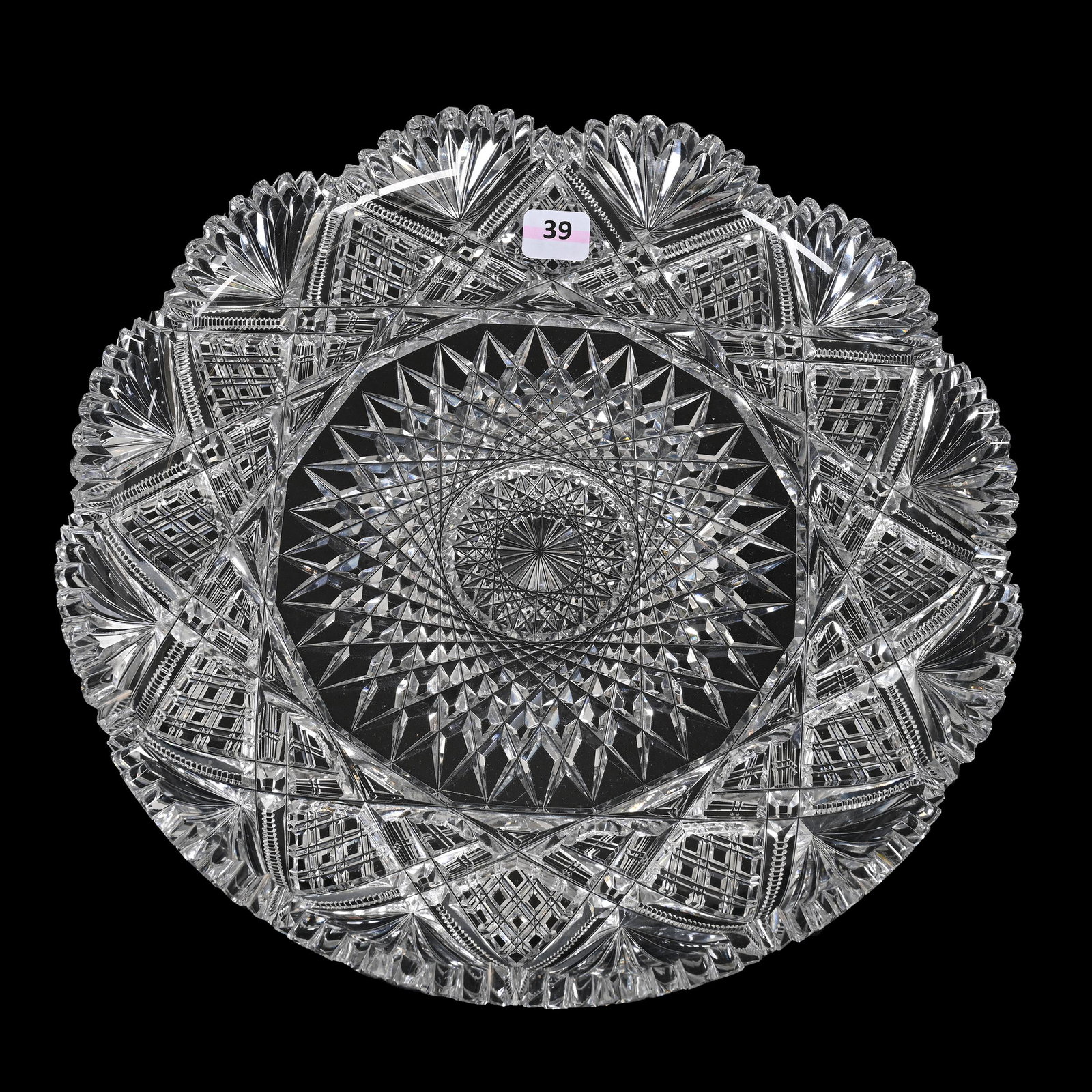 Round Tray, American Brilliant Cut Glass: Round Tray, American Brilliant Cut Glass, 11.75", Large Hobstar Center With Diamond, Zipper, Crosshatch And Fan Border, Estate Of Dr. Barry and Dee Free.