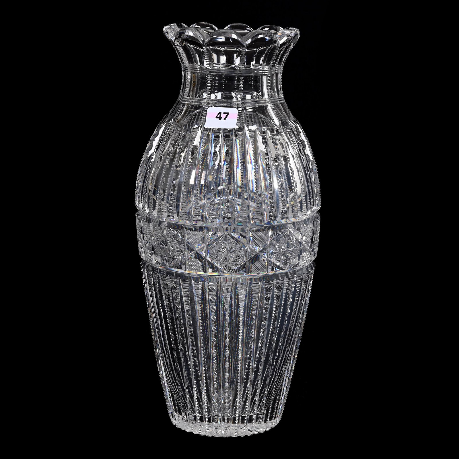 Vase, American Brilliant Cut Glass: Vase, American Brilliant Cut Glass, 12" x 5.25", Prism Cut Body With Hobstar And Strawberry Diamond Band Highlights, Hobstar Base, Small Base Chip, Estate Of Dr. Barry and Dee Free.