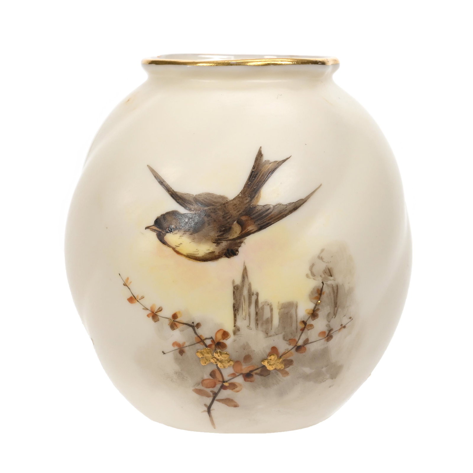 Vase Marked Royal China Works Worcester: Vase Marked Royal China Works Worcester, 3.5" x 3.25", Cream Tones With Bird And Castle Scenic Decor, Estate Of Dr. Barry and Dee Free.