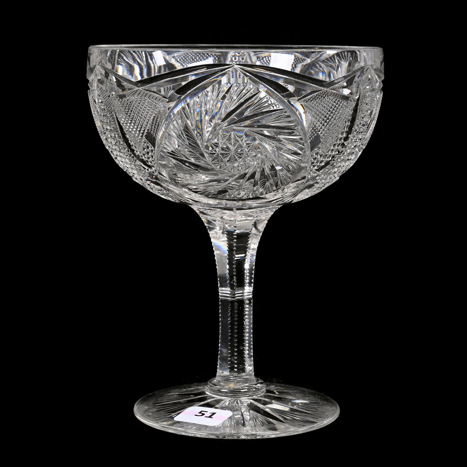 Grapefruit Supreme, American Brilliant Cut Glass: Grapefruit Supreme, American Brilliant Cut Glass, 6.5" x 5", Pinwheel, Nailhead Diamond, Strawberry Diamond And Fan Motif, Notched Stem, Brooklyn Star (Flashed Ray) Foot, Estate Of Dr. Barry and Dee F