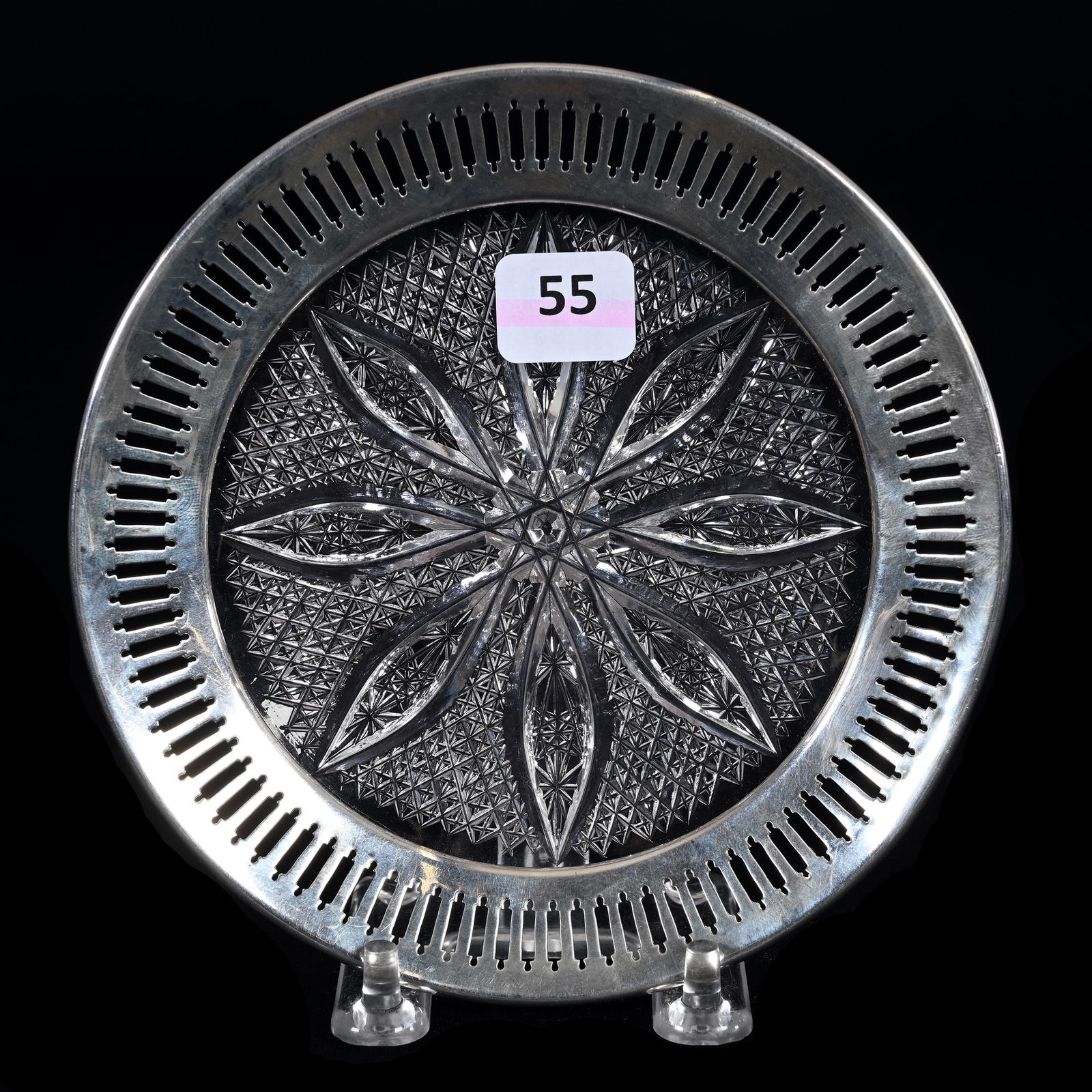 Plate, American Brilliant Cut Glass, Sterling Reticulated Rim Marked Gorham: Plate, American Brilliant Cut Glass, Sterling Reticulated Rim Marked Gorham, 5.75", Vesica, Crosshatch And Star Motif, Gorham Sterling Silver Reticulated Rim, Estate Of Dr. Barry and Dee Free.