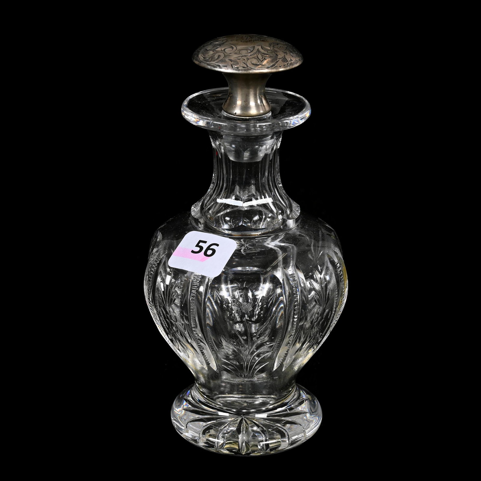 Pedestal Cologne, BPCG: Pedestal Cologne, Brilliant Period Cut Glass, 6" x 3", Engraved Floral Panels With Zipper Design, Sterling Silver Stopper, Estate Of Dr. Barry and Dee Free.