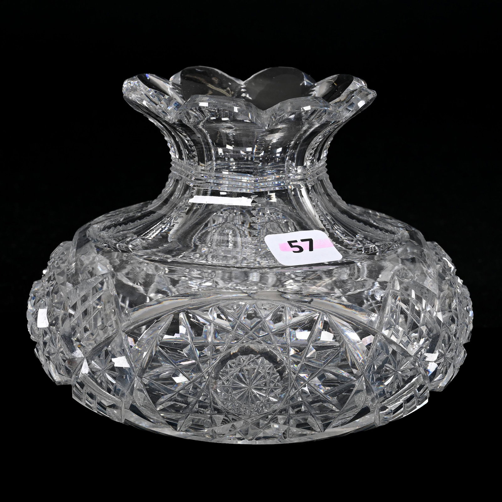 Flower Center, American Brilliant Cut Glass: Flower Center, American Brilliant Cut Glass, 4.25" x 6", Hobstar, Diamond And Star Motif, Ray Cut Base, Estate Of Dr. Barry and Dee Free.