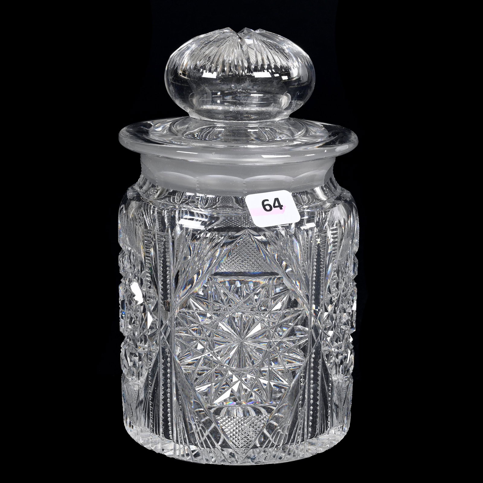 Humidor, American Brilliant Cut Glass: Humidor, American Brilliant Cut Glass, 7.5" x 4.5", Hobstar, Strawberry Diamond, Prism And Fan Motif, Brooklyn Star Lid, Ray Cut Base, Small Pattern Chips, Estate Of Dr. Barry and Dee Free.