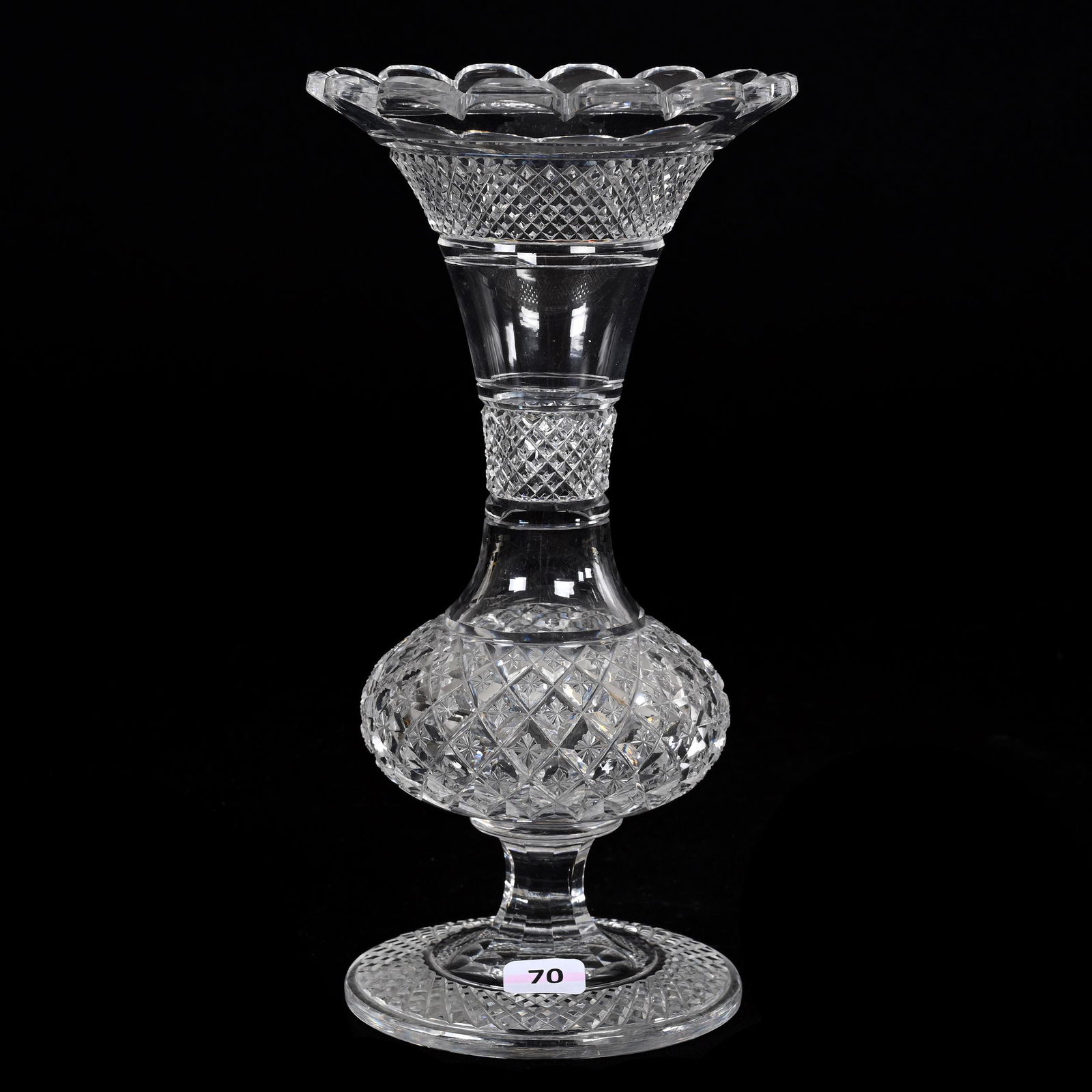 Pedestal Vase, American Brilliant Cut Glass: Pedestal Vase, American Brilliant Cut Glass, 10" x 5", Star Diamond And Diamond Band Motif, Polished Pontil Base With Pattern Cut On Top Of Base Rim, Estate Of Dr. Barry and Dee Free.