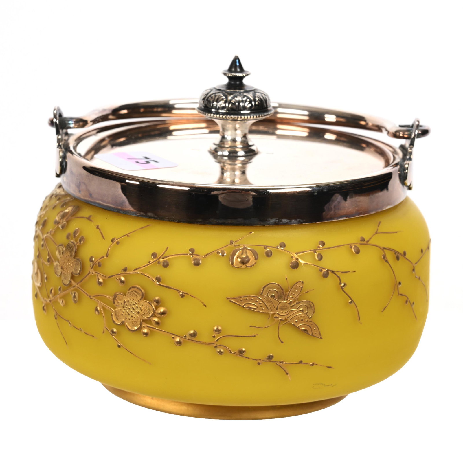 Sweetmeat, Unmarked Cased Yellow Art Glass: Sweetmeat, Unmarked Cased Yellow Art Glass, 3.75" x 4.5", Enamel Gold Blossom And Butterfly Decor, Silverplate Lid And Bail, Estate Of Dr. Barry and Dee Free.