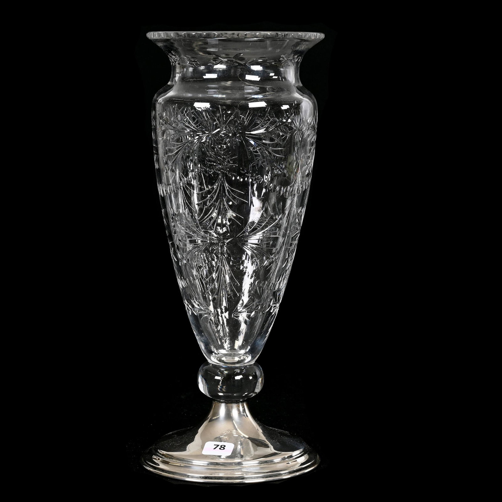 Pedestal Vase, American Brilliant Cut Glass: Pedestal Vase, American Brilliant Cut Glass, 13" x 5.25", Engraved Floral Garland With Sterling Silver Foot Marked Hawkes #S1052, Estate Of Dr. Barry and Dee Free.