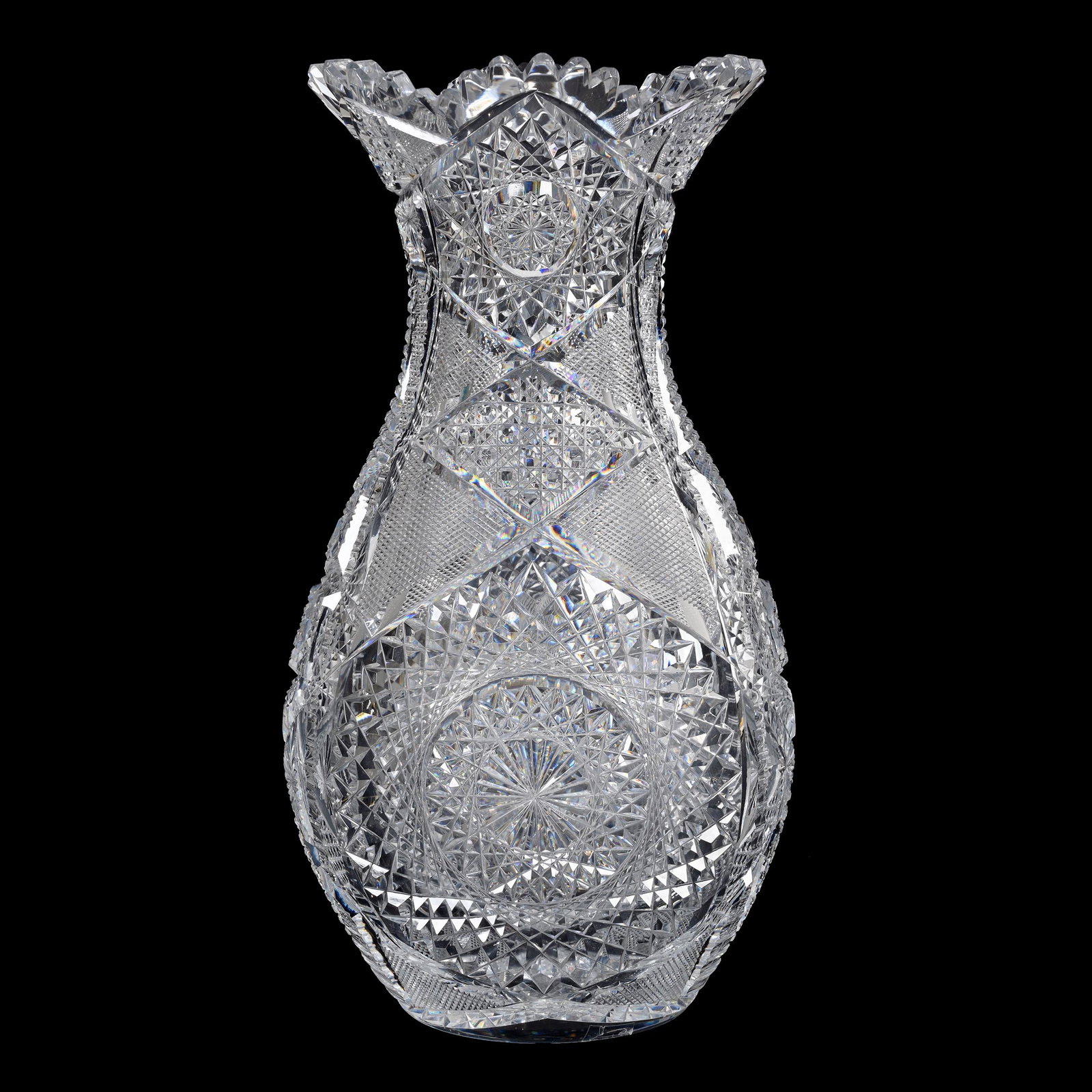 Vase, American Brilliant Cut Glass: Vase, American Brilliant Cut Glass, 11.75" x 6.25", Hobstar, Nailhead Diamond, Strawberry Diamond, Star And Zipper Motif, Hobstar Base, Well Cut, Estate Of Dr. Barry and Dee Free.