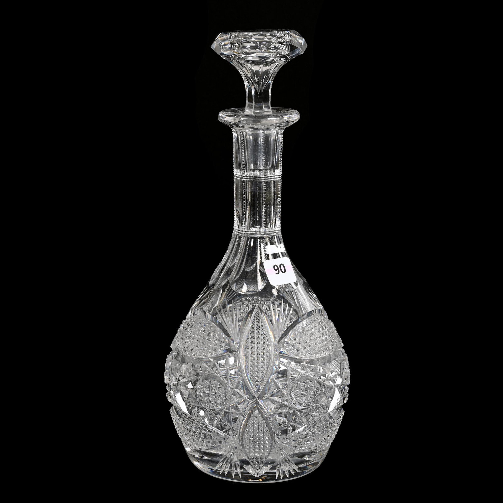 Decanter, American Brilliant Cut Glass: Decanter, American Brilliant Cut Glass, 11" x 5", Well Cut Hobstar, Vesica, Nailhead Diamond And Fan Motif, Hobstar Base, Estate Of Dr. Barry and Dee Free.