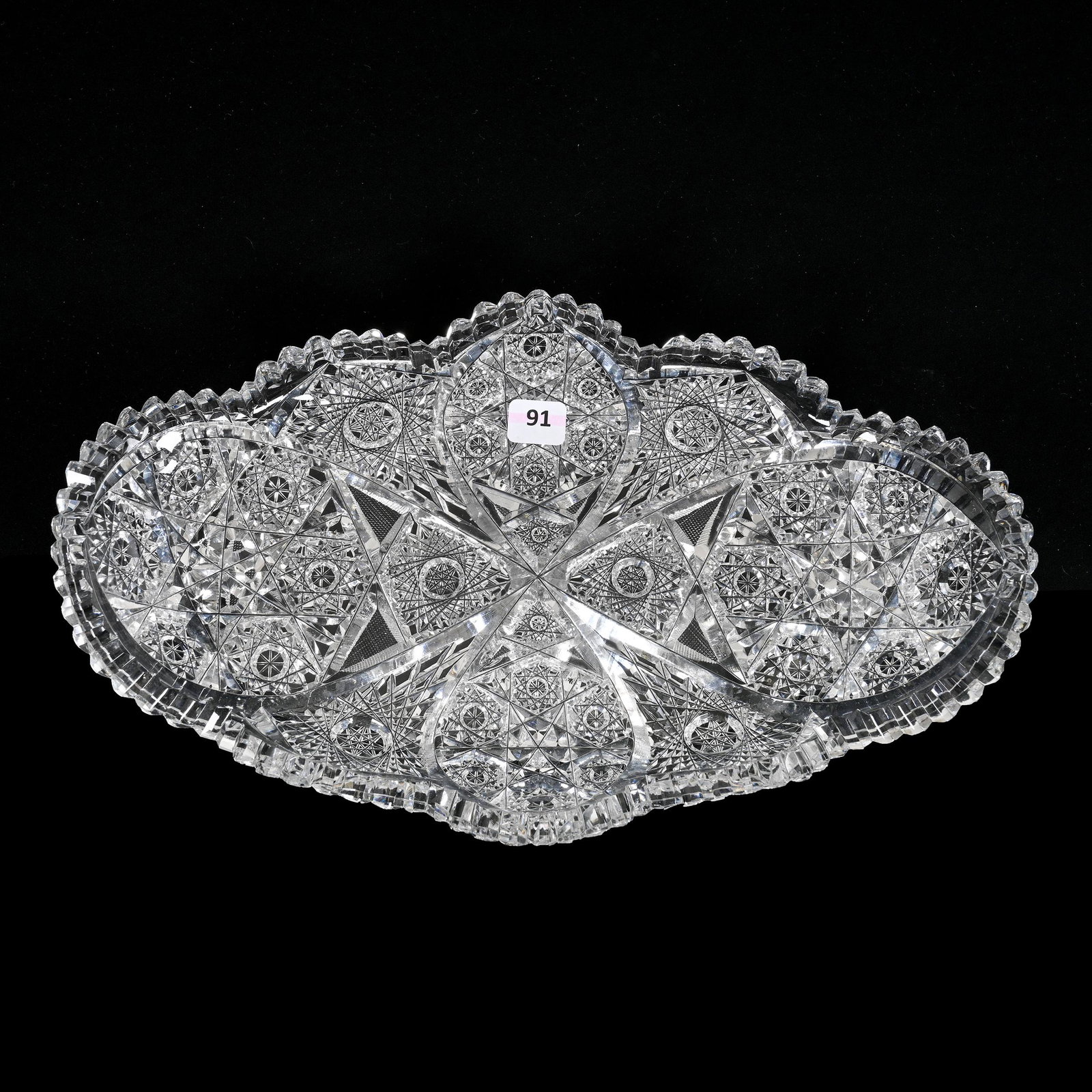 Ice Cream Tray, American Brilliant Cut Glass: Ice Cream Tray, American Brilliant Cut Glass, 13.75" x 8.5", Four Sections Of Hobstar Cluster And Hobstar With Strawberry Diamond Highlights, Estate Of Dr. Barry and Dee Free.