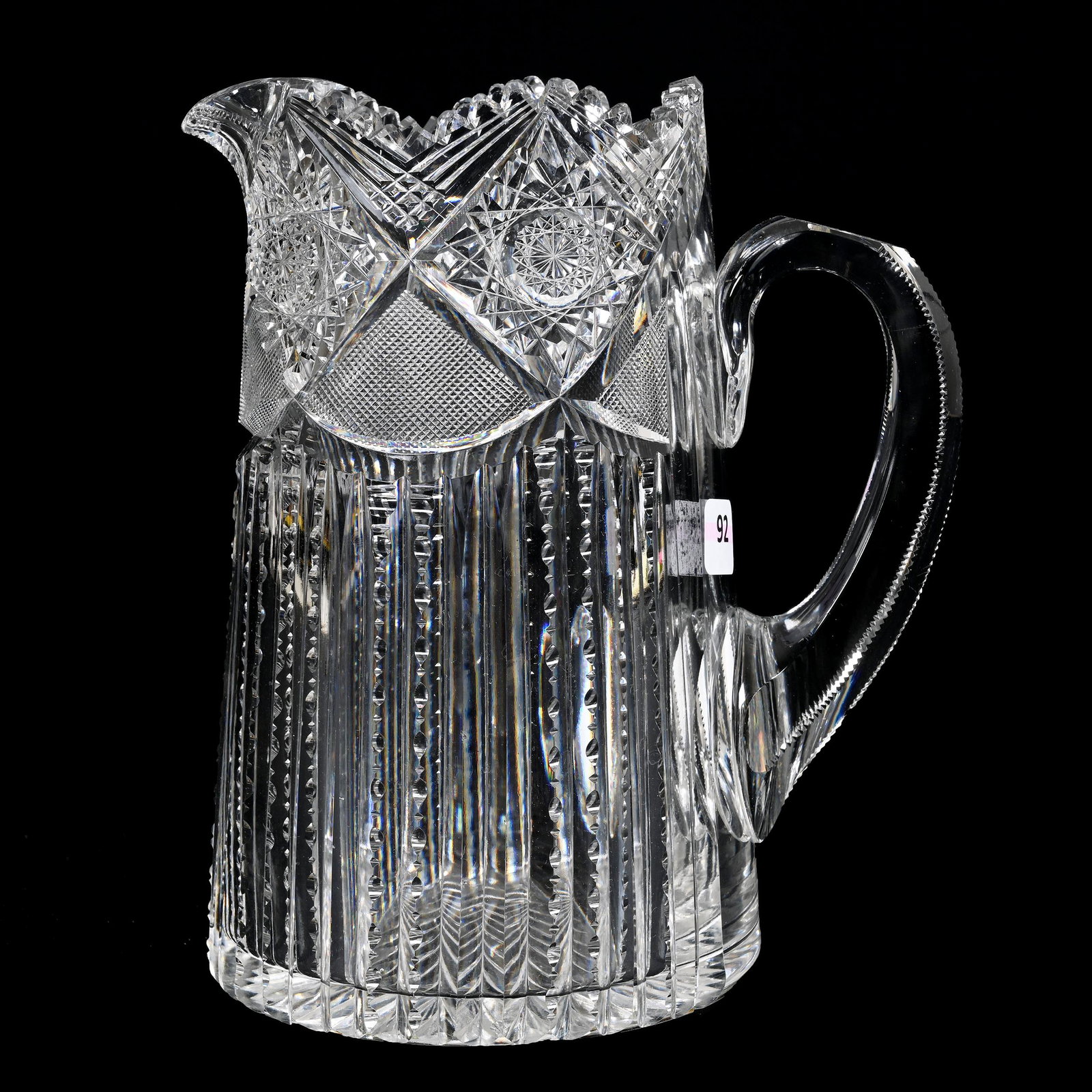 Pitcher, American Brilliant Cut Glass: Pitcher, American Brilliant Cut Glass, 8.5" x 7.25", Hobstar, Strawberry Diamond And Prism Motif, Ray Cut Base, Extra Clear Blank, Estate Of Dr. Barry and Dee Free.