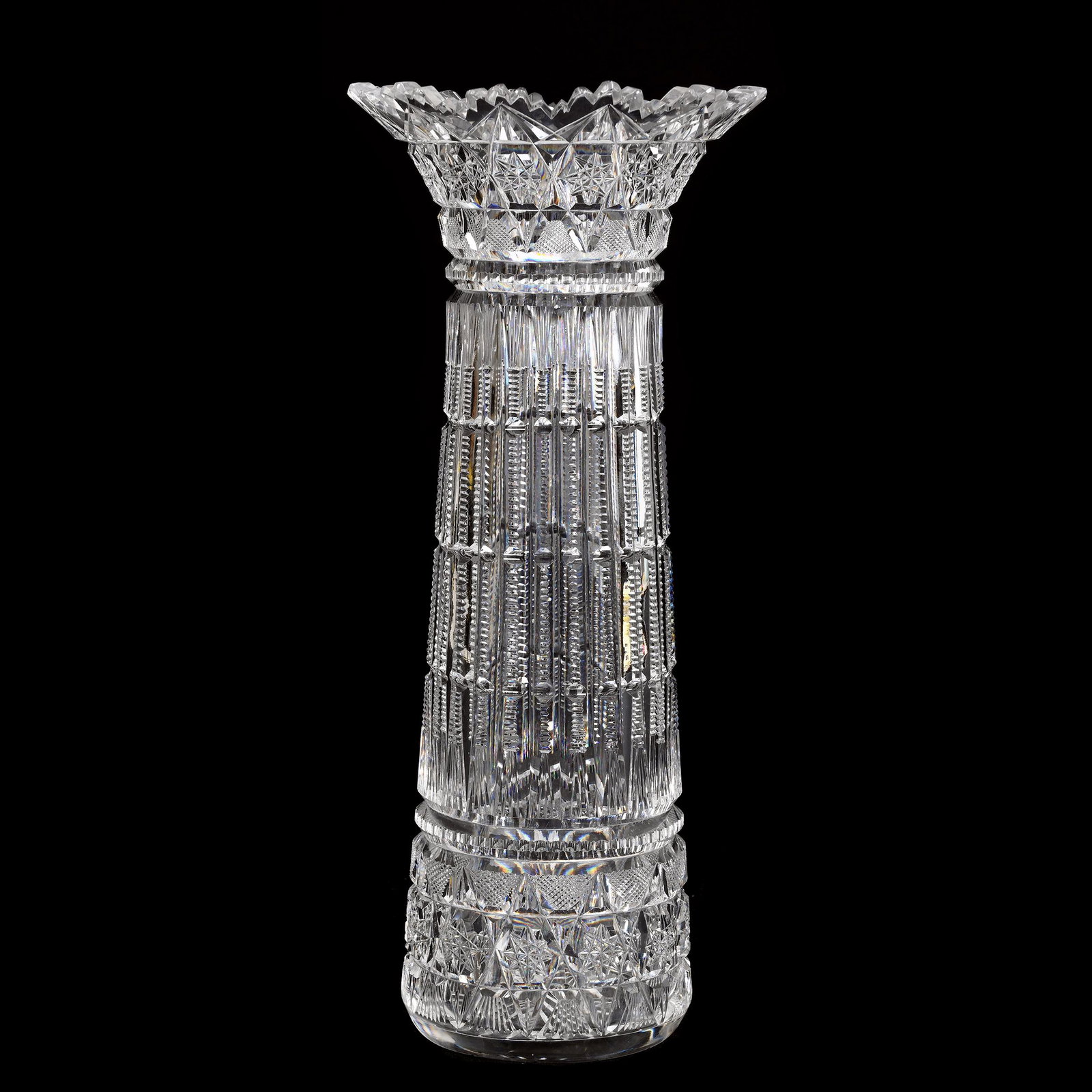 Vase, American Brilliant Cut Glass, Signed Pitkin & Brooks: Vase, American Brilliant Cut Glass, Signed Pitkin & Brooks, 13" x 5.5", Prism Cut Body With Hobstar Chain Border, Flared Rim, Ray Cut Base, Estate Of Dr. Barry and Dee Free.