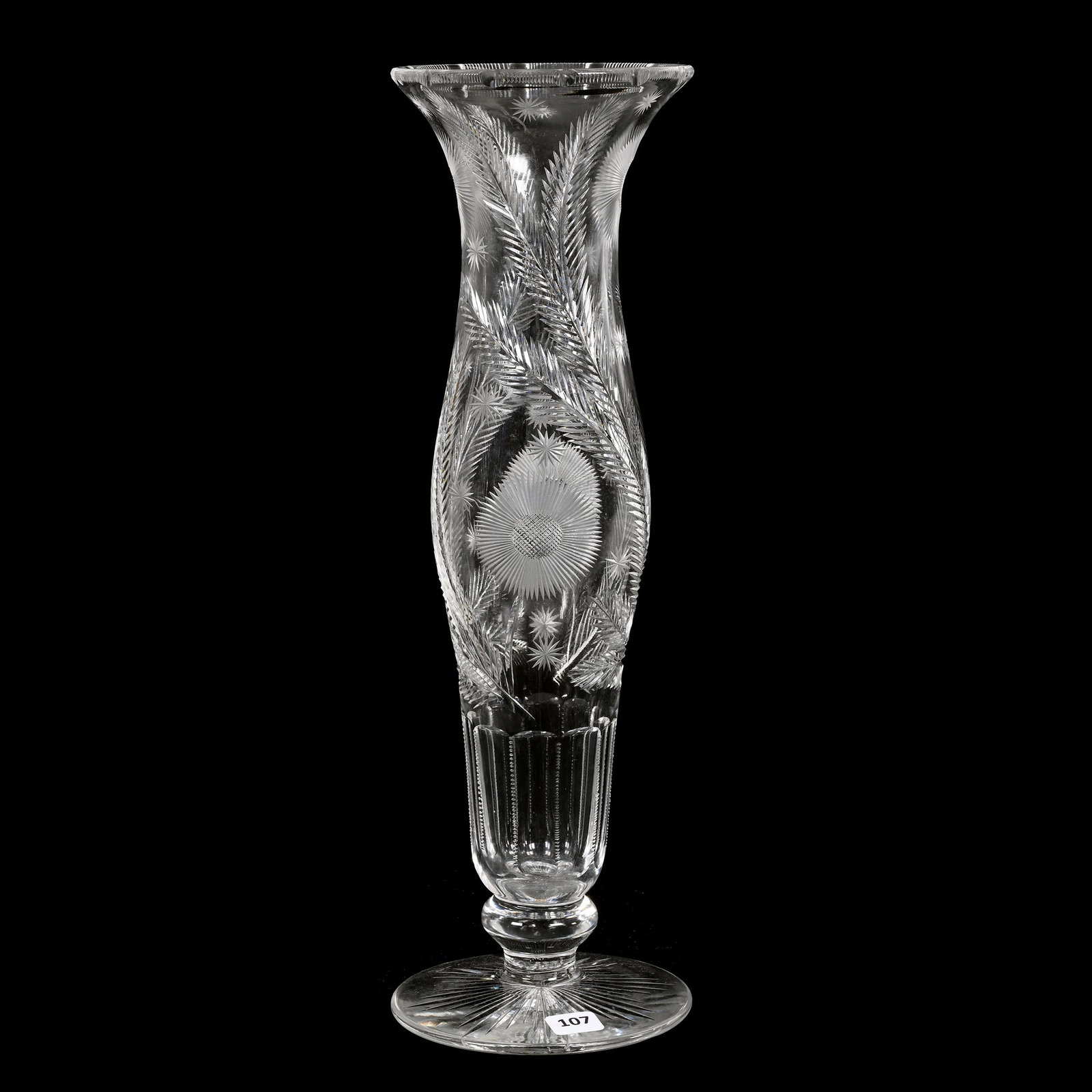 Pedestal Vase, American Brilliant Cut Glass: Pedestal Vase, American Brilliant Cut Glass, 16" x 5", Beautiful Feather, Blossom And Star Motif, Notched Rim, Ray Cut Foot, Estate Of Dr. Barry and Dee Free.
