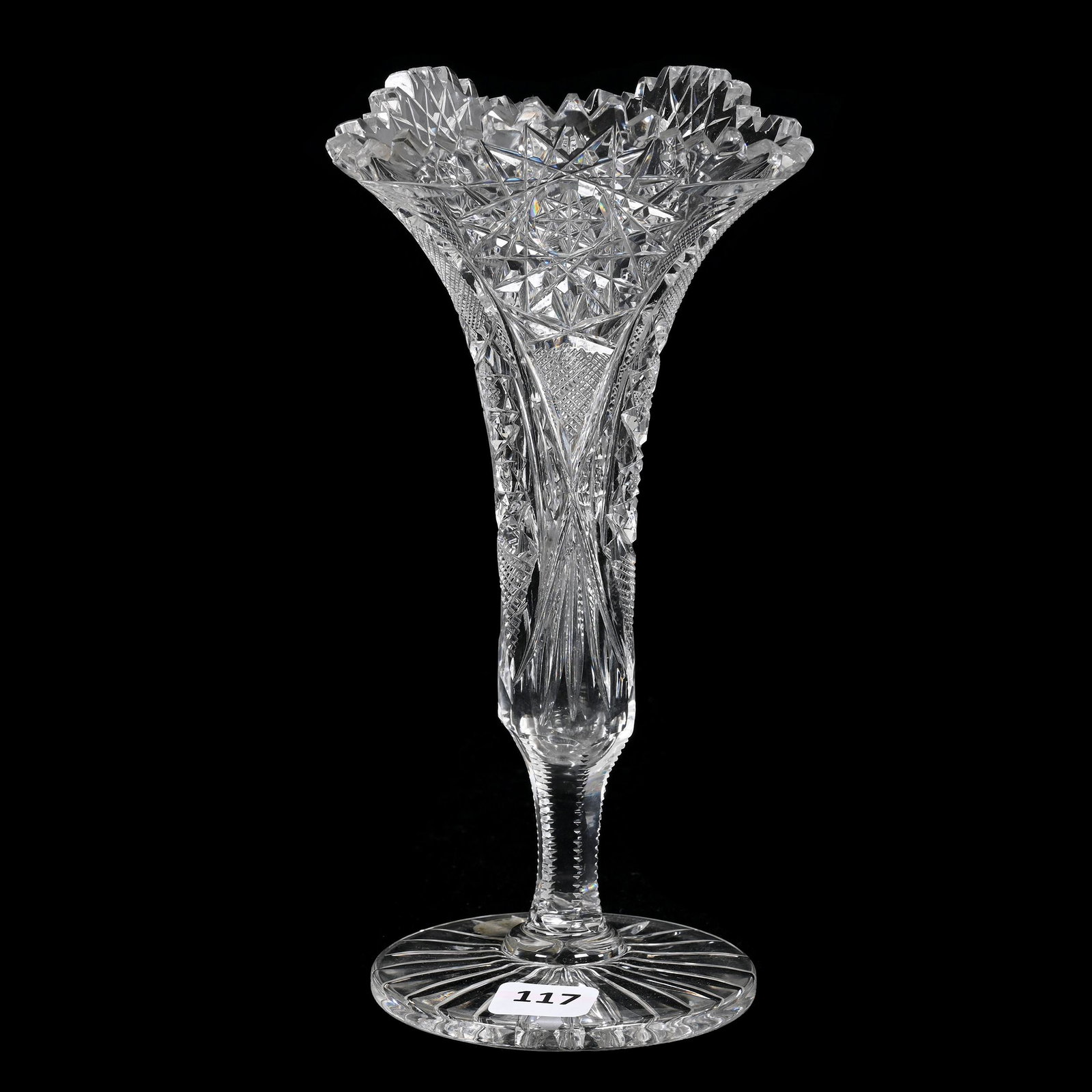 Trumpet Vase, American Brilliant Cut Glass: Trumpet Vase, American Brilliant Cut Glass, 8.25" x 4", Tri-Corner Top, Hobstar, Vesica, Strawberry Diamond And Fan Motif, Ray Cut Foot, Tooth Chip, Estate Of Dr. Barry and Dee Free.
