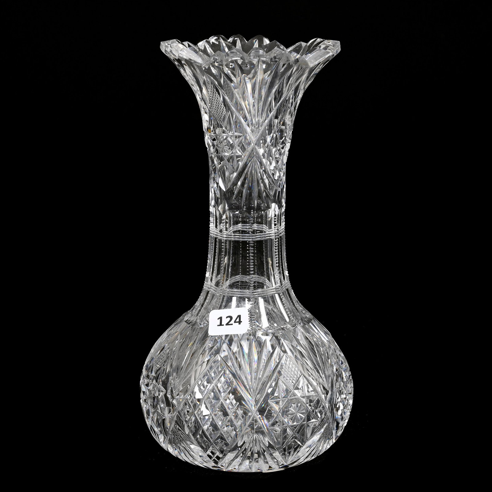 Vase, American Brilliant Cut Glass: Vase, American Brilliant Cut Glass, 9.5" x 5", Hobstar, Crosscut Diamond And Fan Motif, Hobstar Base, Estate Of Dr. Barry and Dee Free.