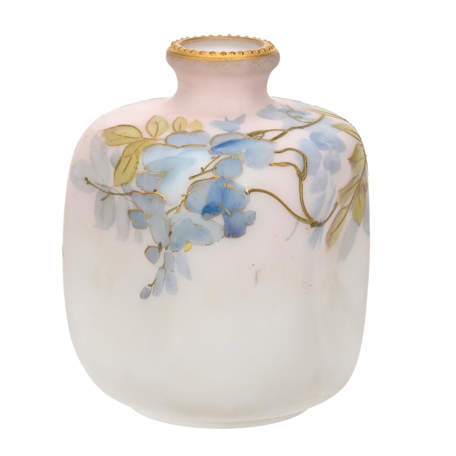Vase Marked Smith Brothers Art Glass: Vase Marked Smith Brothers Art Glass, 4.75" x 4", Pink And White Tones, Blue And Green Vine Decor, One Enamel Bead On Rim Is Missing, Estate Of Dr. Barry and Dee Free.
